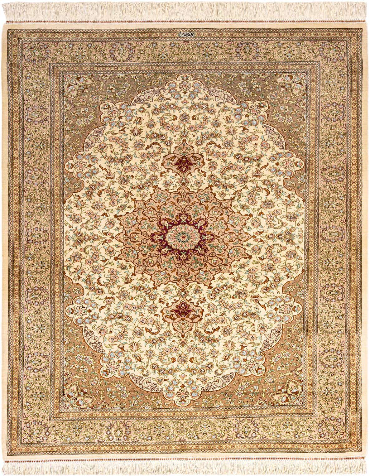 A 3x5 rectangular Ghom Silk Persian rug in ivories and creams, featuring an intricate floral medallion pattern.