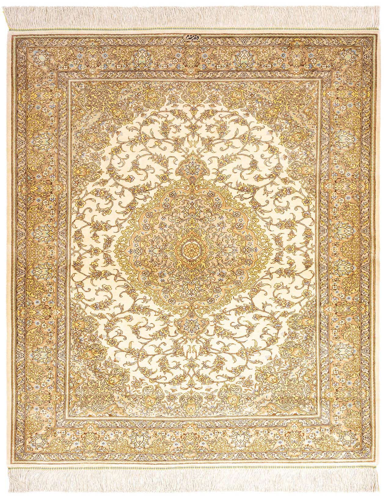 3x5 rectangular Ghom Silk rug in ivory and cream with an intricate traditional Persian floral medallion pattern.