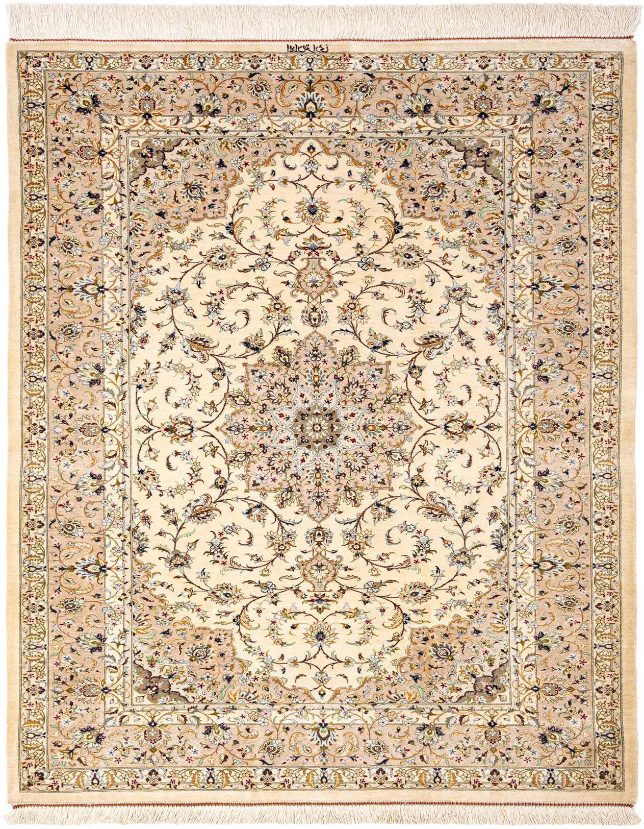 A 3x5 rectangular ivory Persian silk rug with an intricate floral medallion pattern and fringed ends.