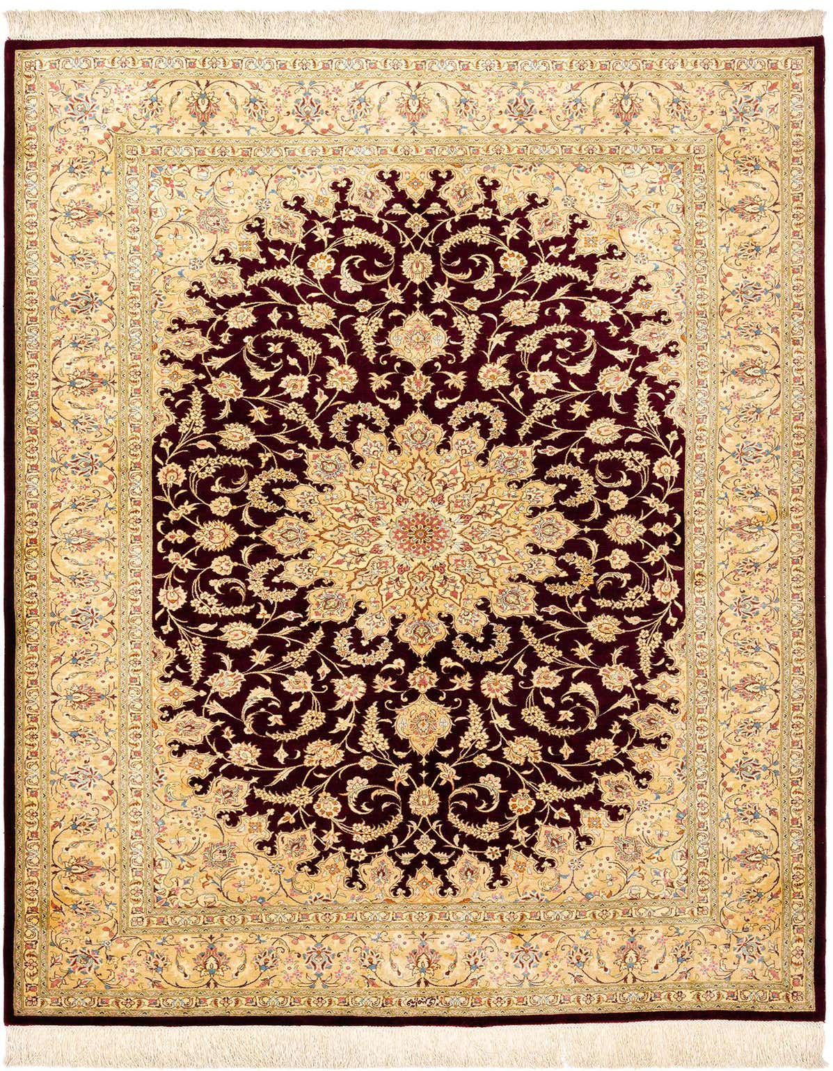 A luxurious 4x6 rectangular Ghom Silk Persian rug featuring a rich ivory border and a deep maroon field with intricate floral patterns.