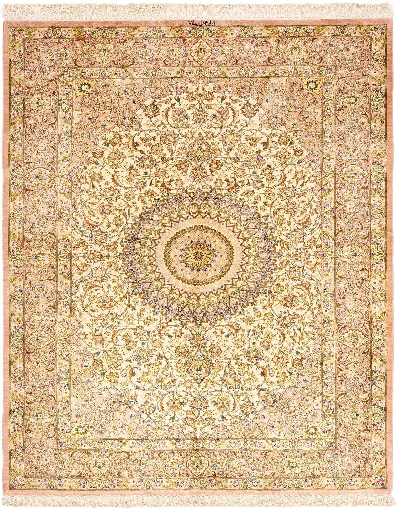 A 4x6 rectangular Ghom Silk Persian rug in ivories and creams with a detailed floral medallion pattern.