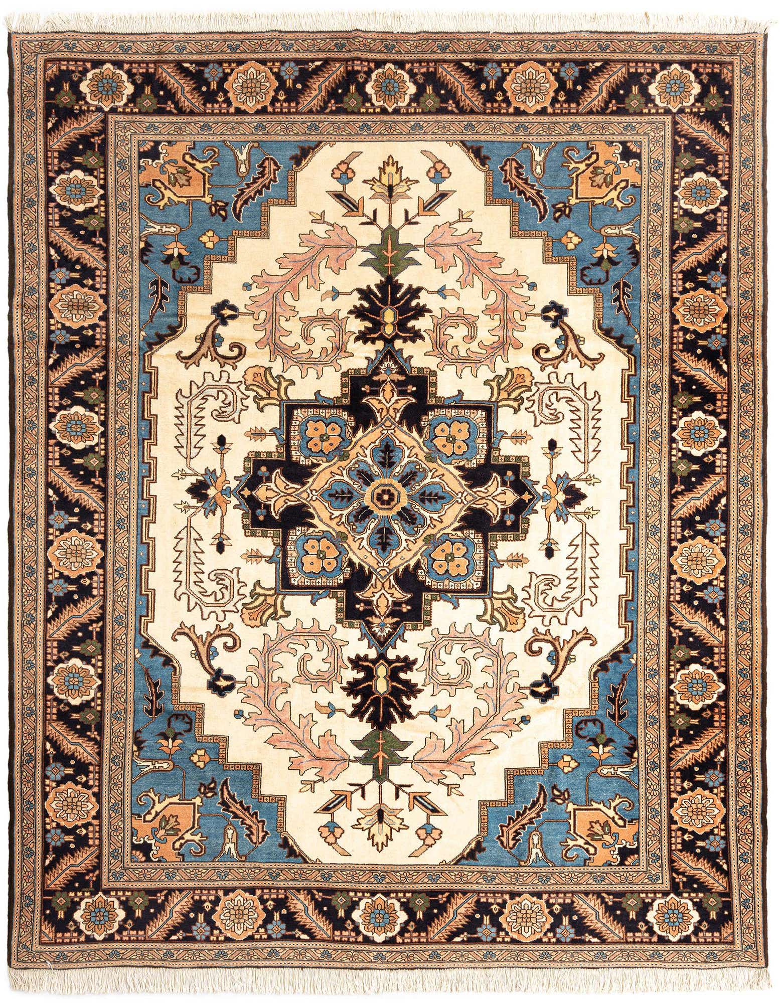 A 10x12 rectangular Hamedan rug featuring a detailed Persian tribal pattern in ivory, cream, blue, and black tones.