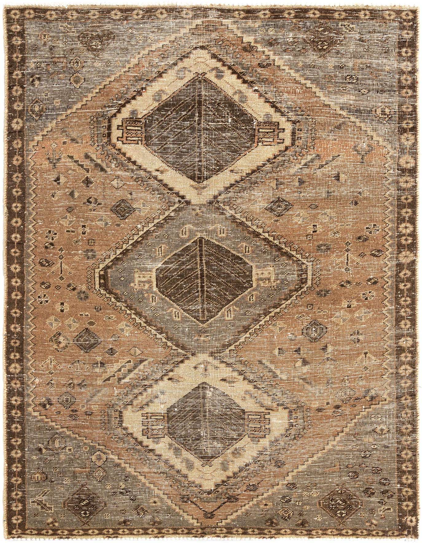 A 4x6 rectangular Hamedan Persian wool rug with a distressed tribal pattern in ivory, cream, and brown tones.