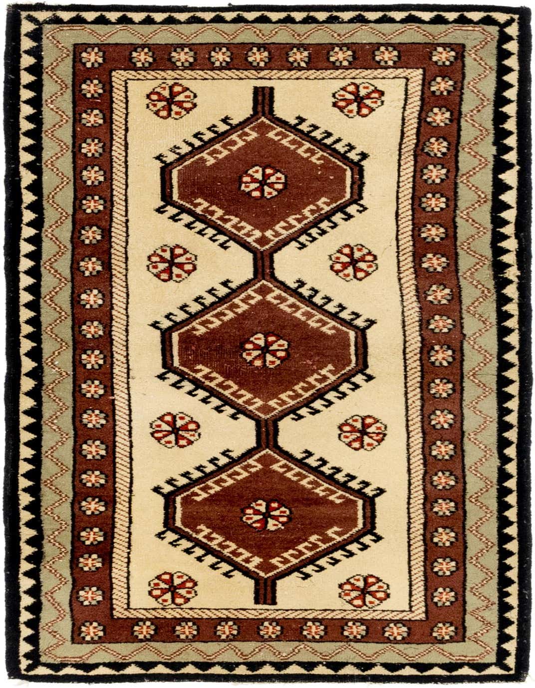 A 3x5 rectangular Hamedan wool rug featuring a traditional Southwestern tribal medallion pattern in ivories, creams, and browns.