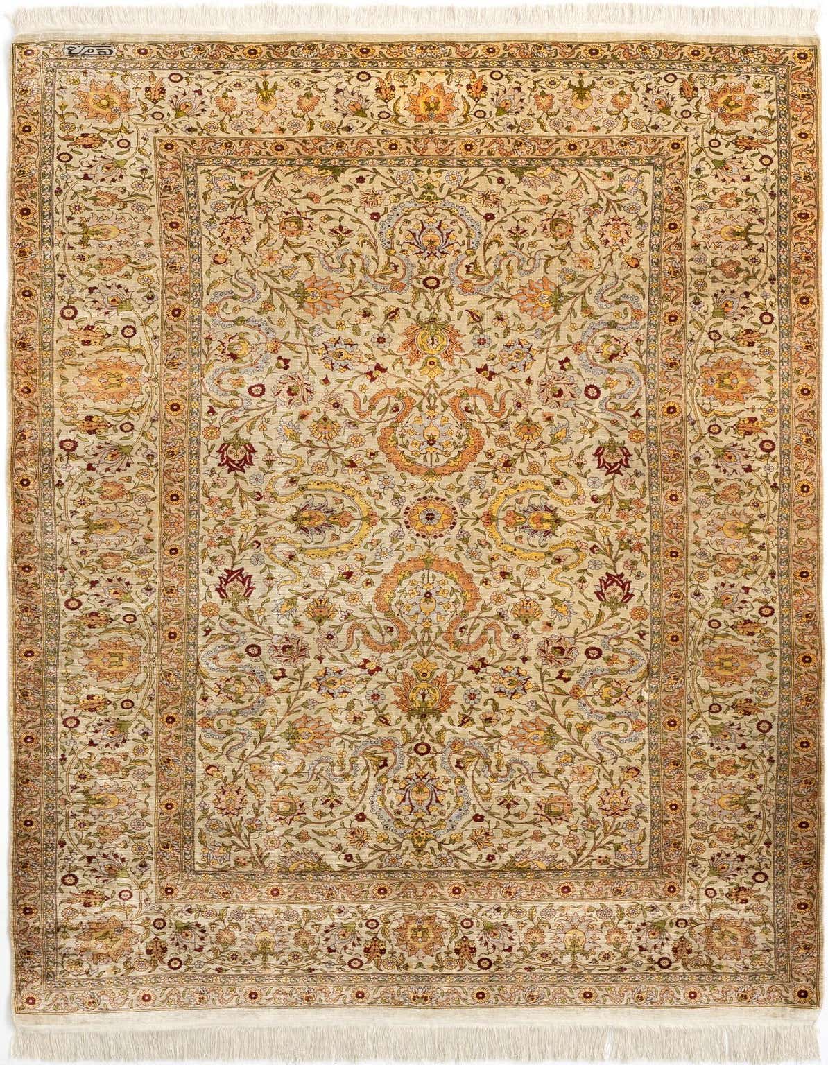 A rectangular 5x8 ivory Persian silk rug with intricate floral patterns in orange, red, blue, and green, featuring a detailed border.