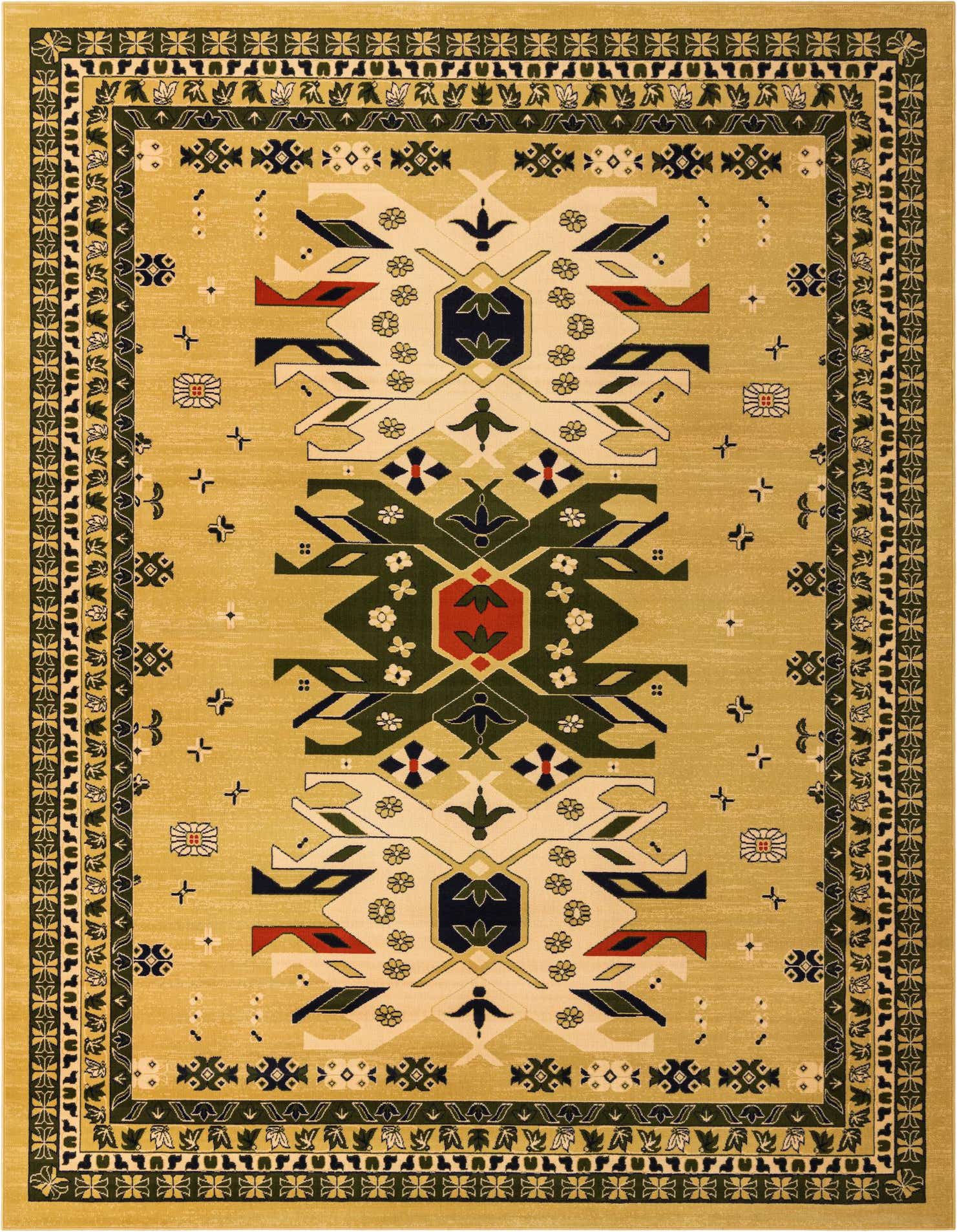 A 10x13 rectangular Heris rug in ivory with a traditional Southwestern tribal medallion pattern in green, red, and navy.