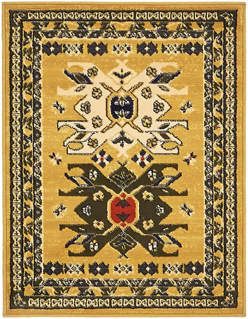 A 2x3 rectangular Heris rug in ivory and gold with a traditional tribal medallion pattern, ideal for an entryway.
