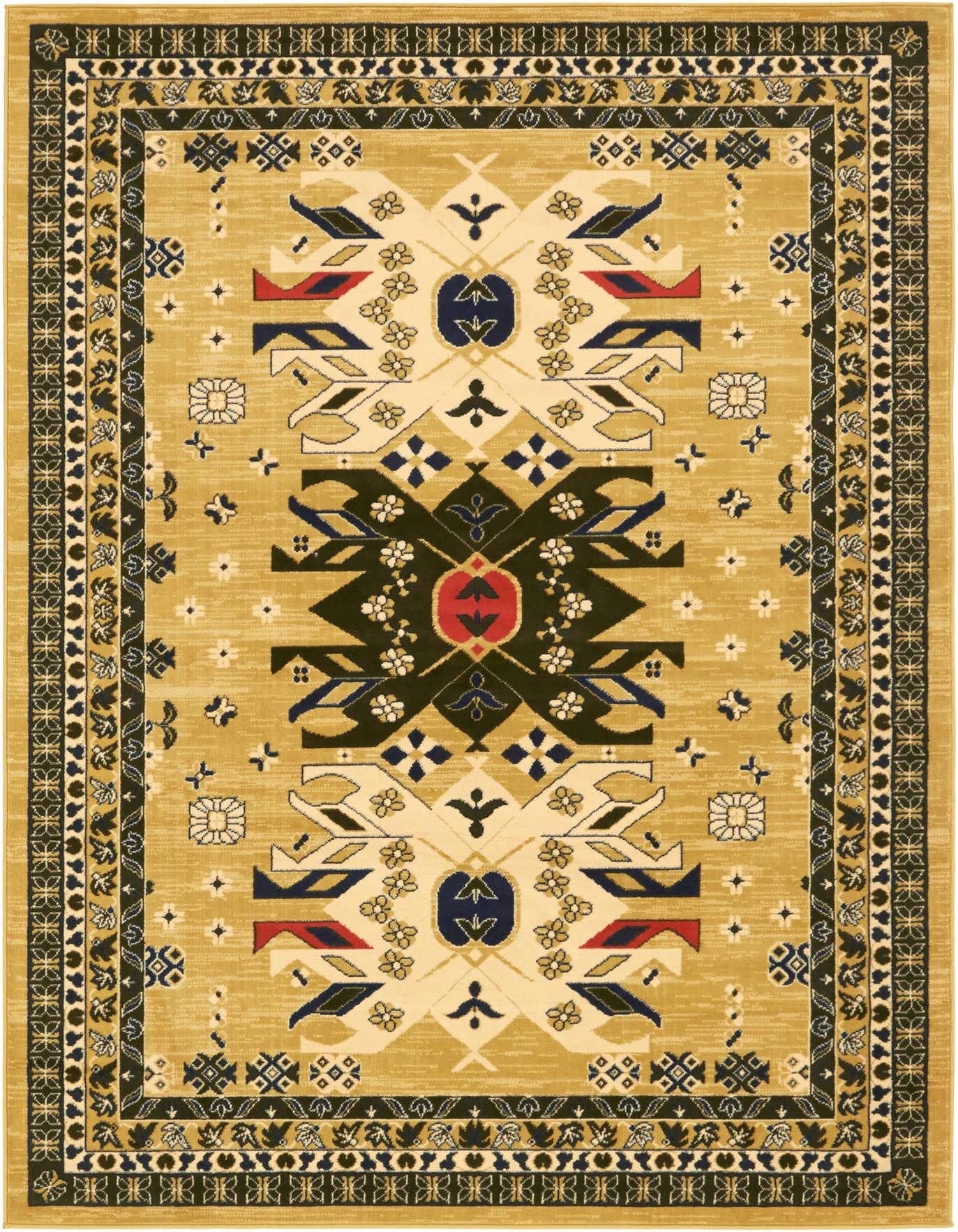 A 6x9 rectangular Heris rug featuring an ivory and cream traditional medallion pattern with tribal accents and a dark border.
