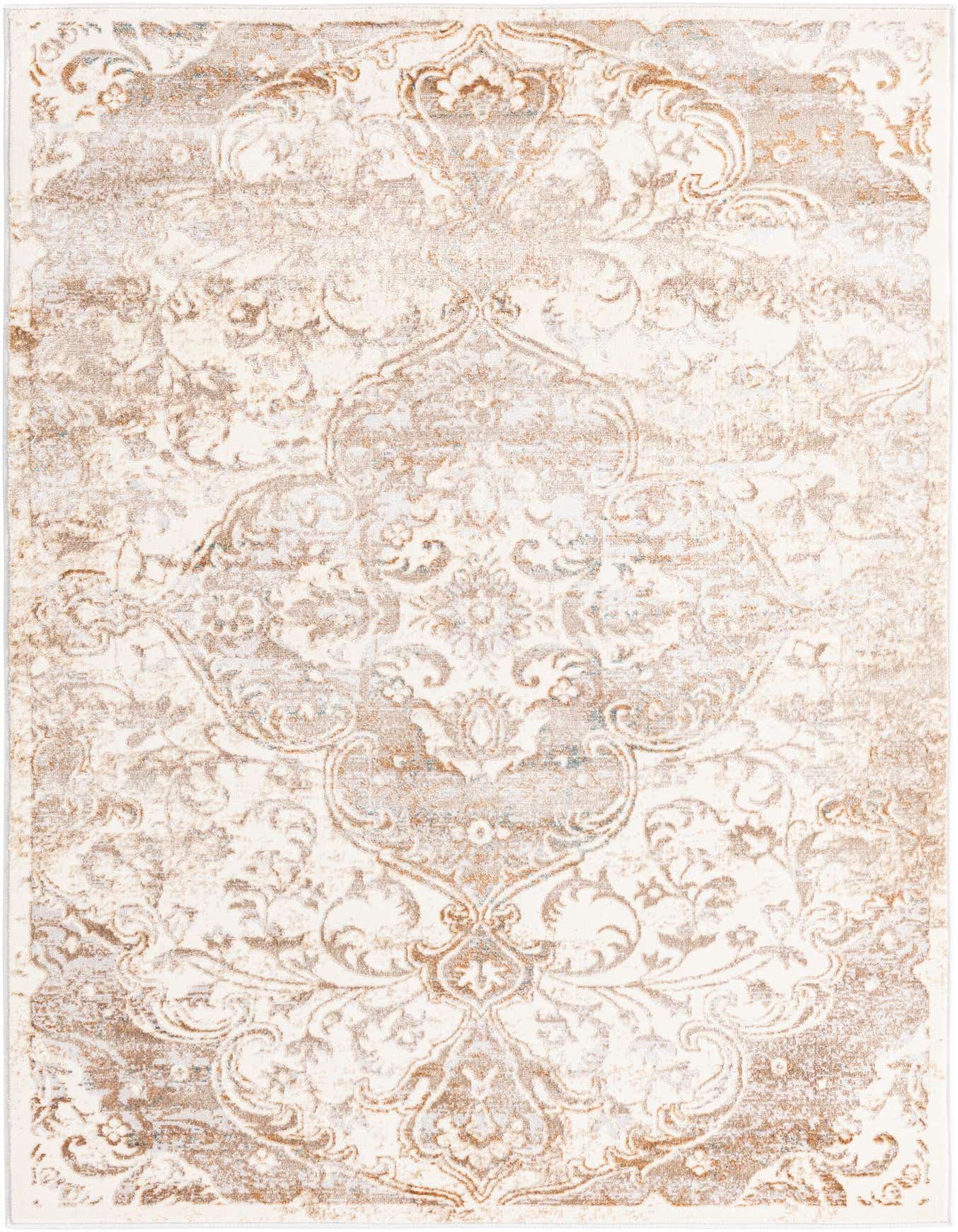 A 4x6 rectangular ivory and cream area rug with a distressed traditional medallion pattern, ideal for a living room.