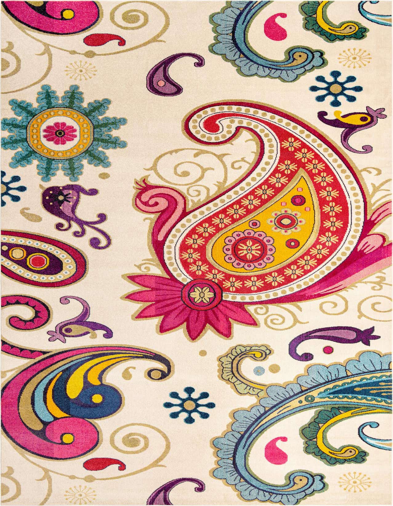 A rectangular ivory rug featuring a vibrant, multicolored botanical paisley pattern with large floral motifs in pink, red, blue, and yellow.