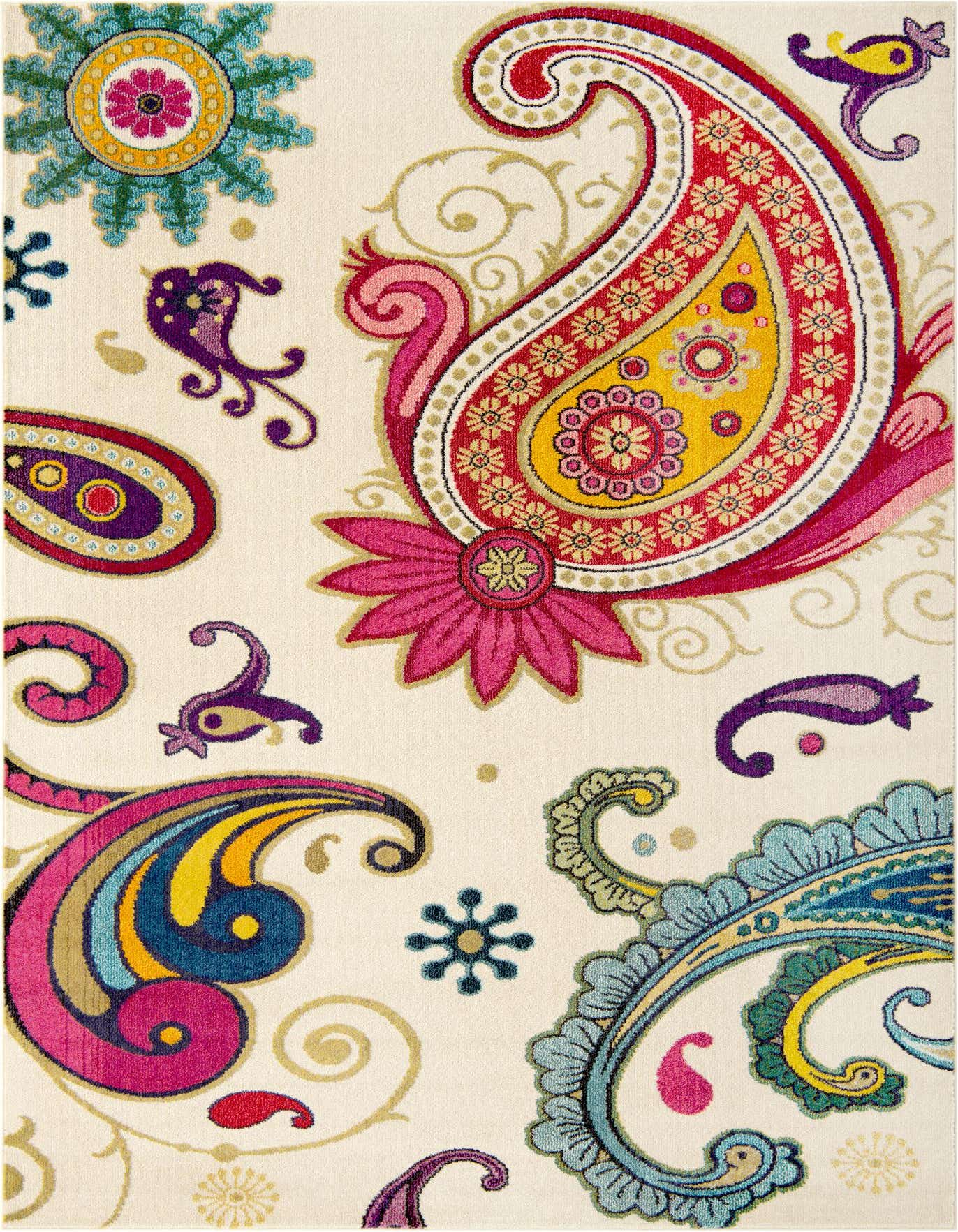 A 7x10 rectangular ivory rug with a vibrant, colorful botanical and floral paisley pattern, ideal for a living room.