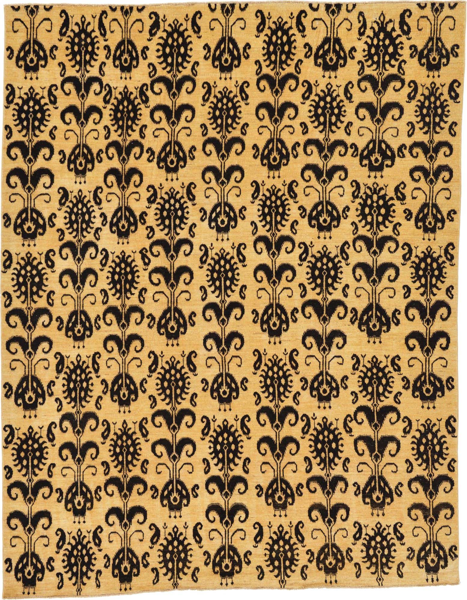 An 8x10 rectangular ivory and black Ikat rug featuring a repeating pattern of stylized floral motifs.