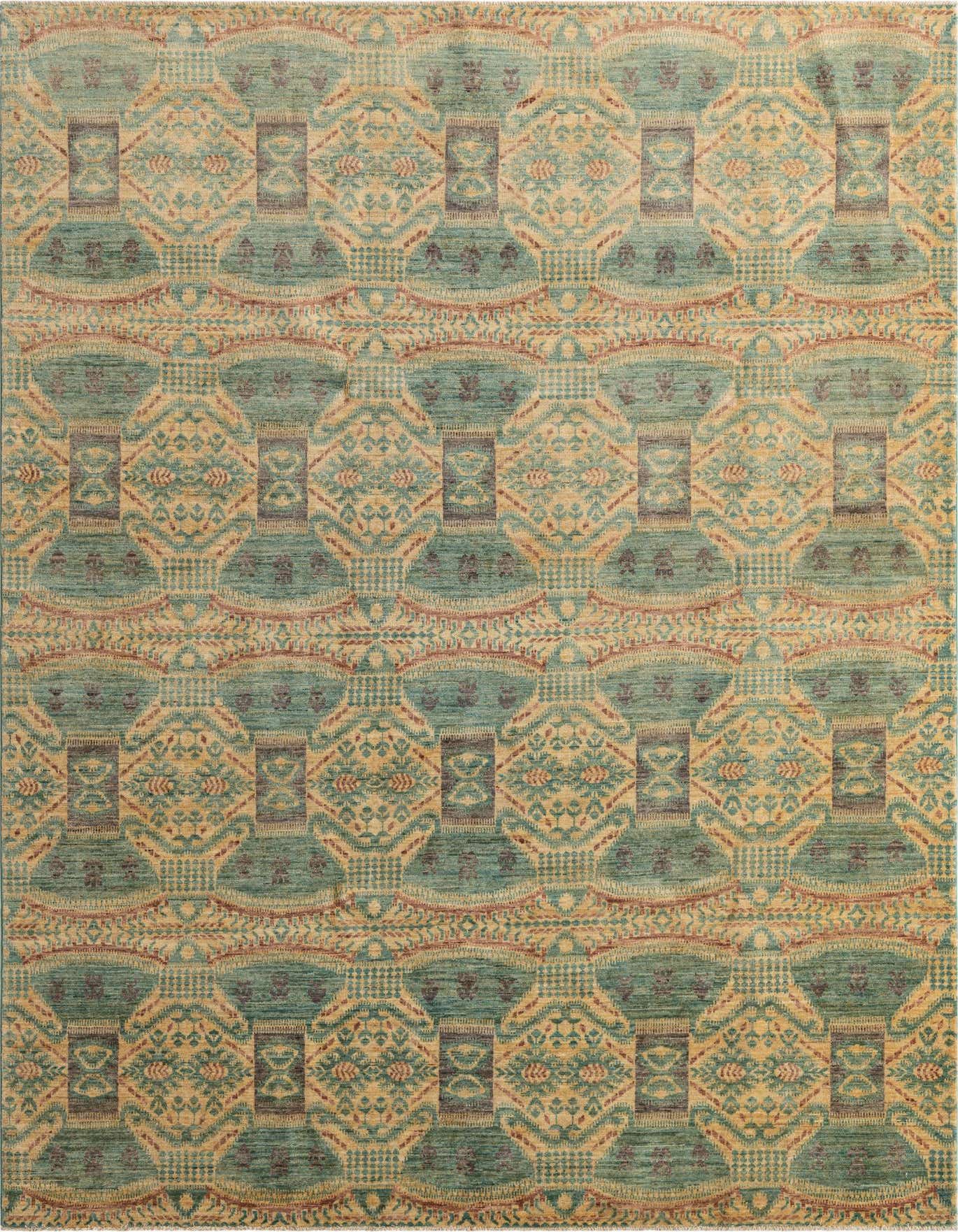 A 7x10 rectangular Ikat rug featuring a traditional pattern in ivory, cream, teal, and subtle red tones, ideal for a living room.