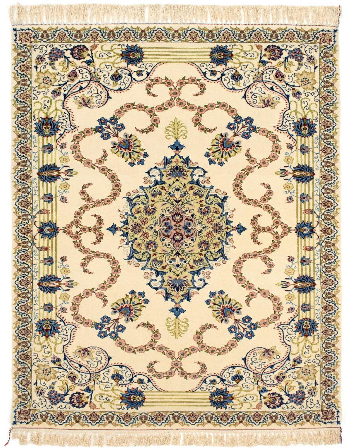 A 4x6 rectangular ivory rug with a detailed traditional floral medallion pattern in blues, pinks, and greens.