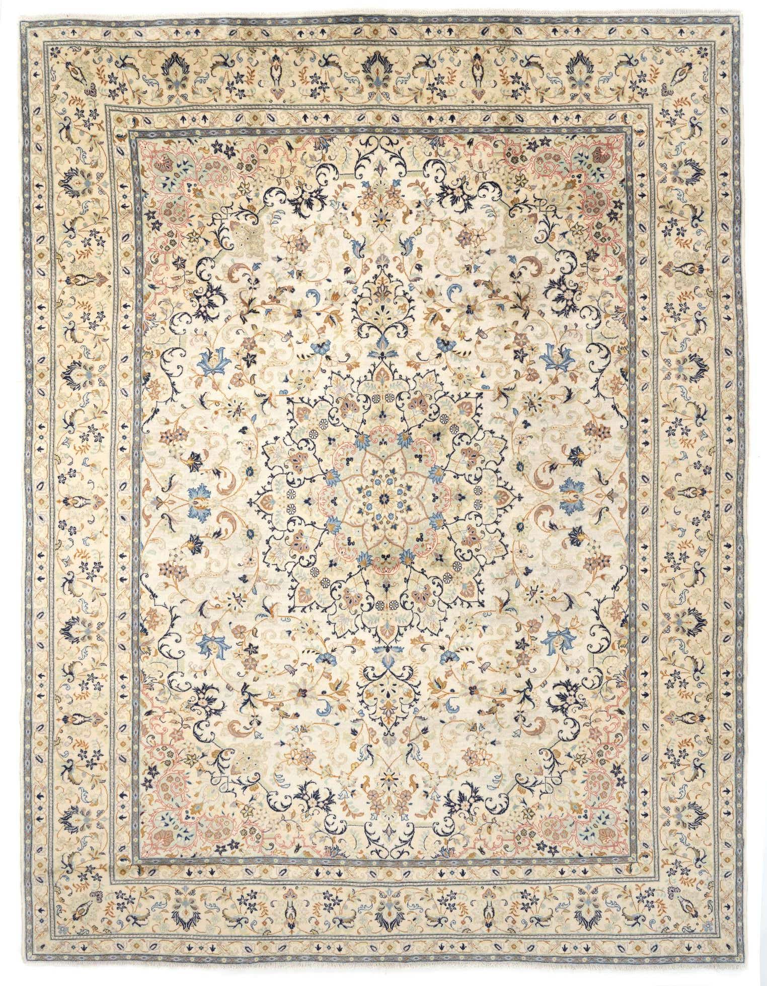 A 9x12 rectangular ivory Persian rug with a detailed floral medallion pattern in blues, creams, and pinks.