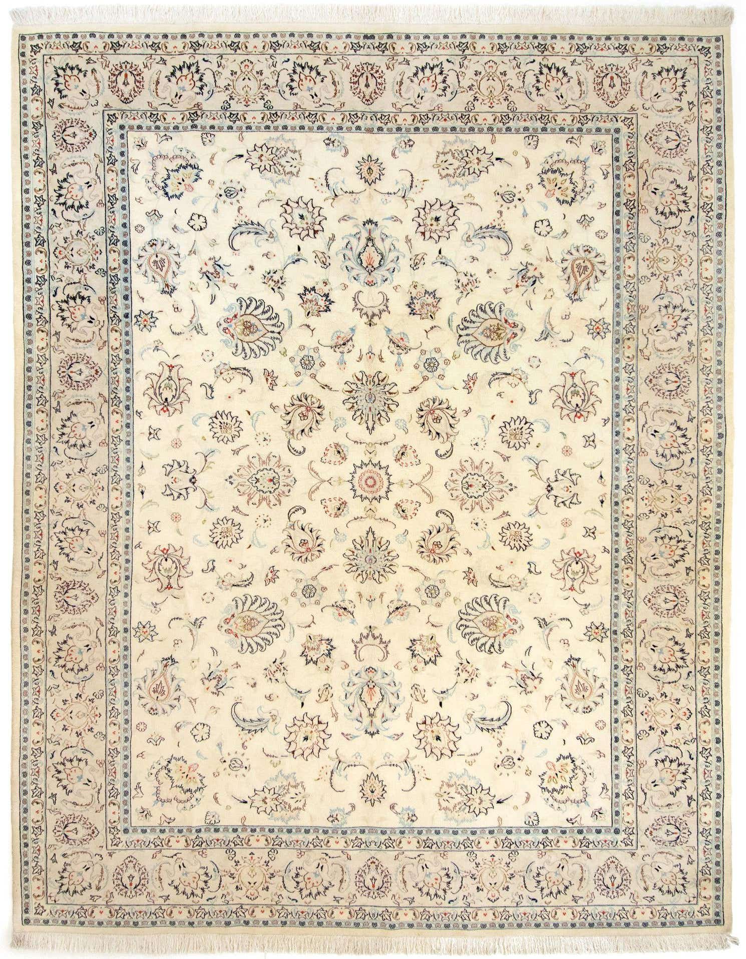 A 10x13 rectangular ivory Persian wool rug with intricate floral and medallion patterns, fringed edges, suitable for a living room.