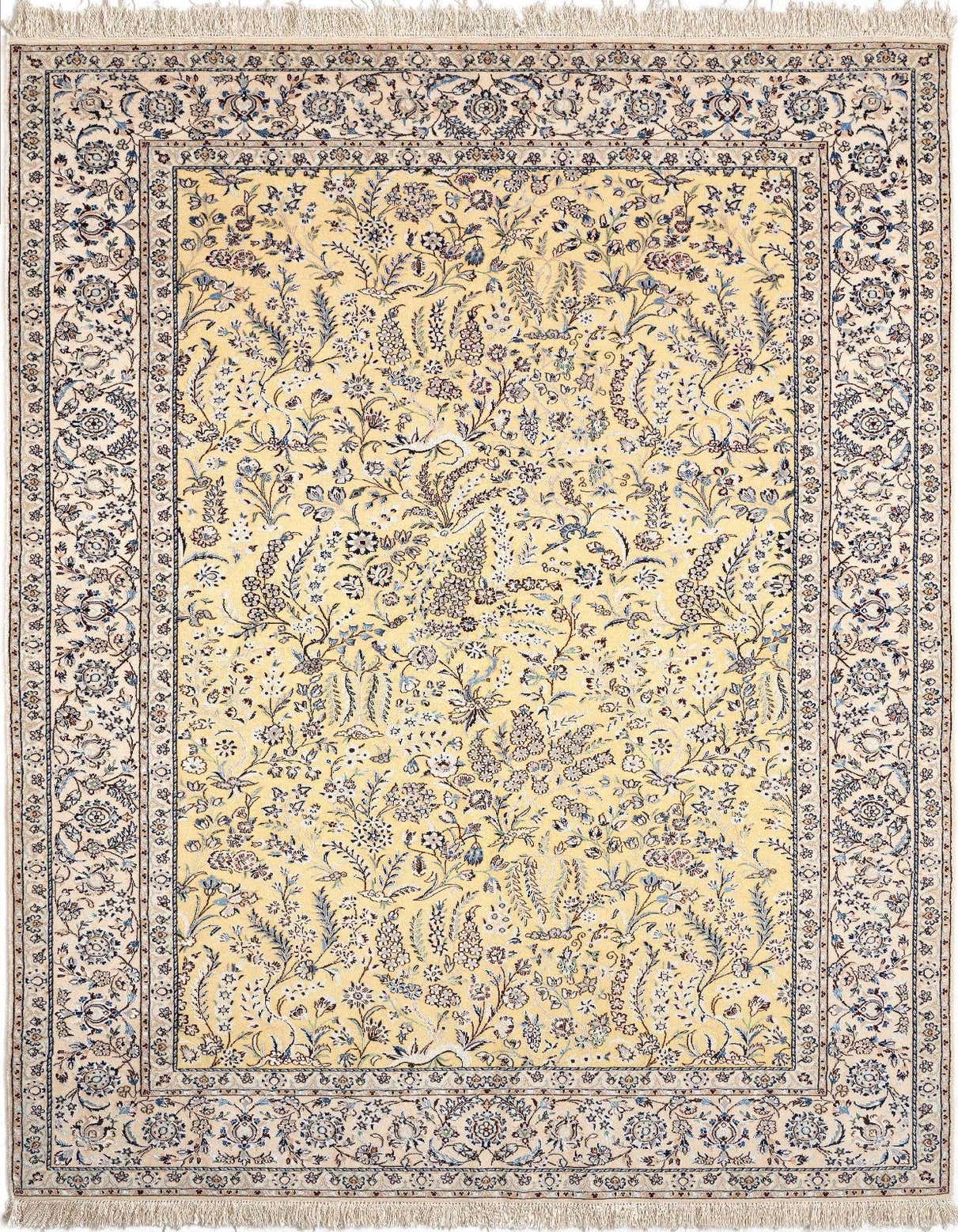 A rectangular handmade Persian rug with an ivory and cream background, featuring intricate floral and vine patterns in blue, brown, and light green, with a detailed border.