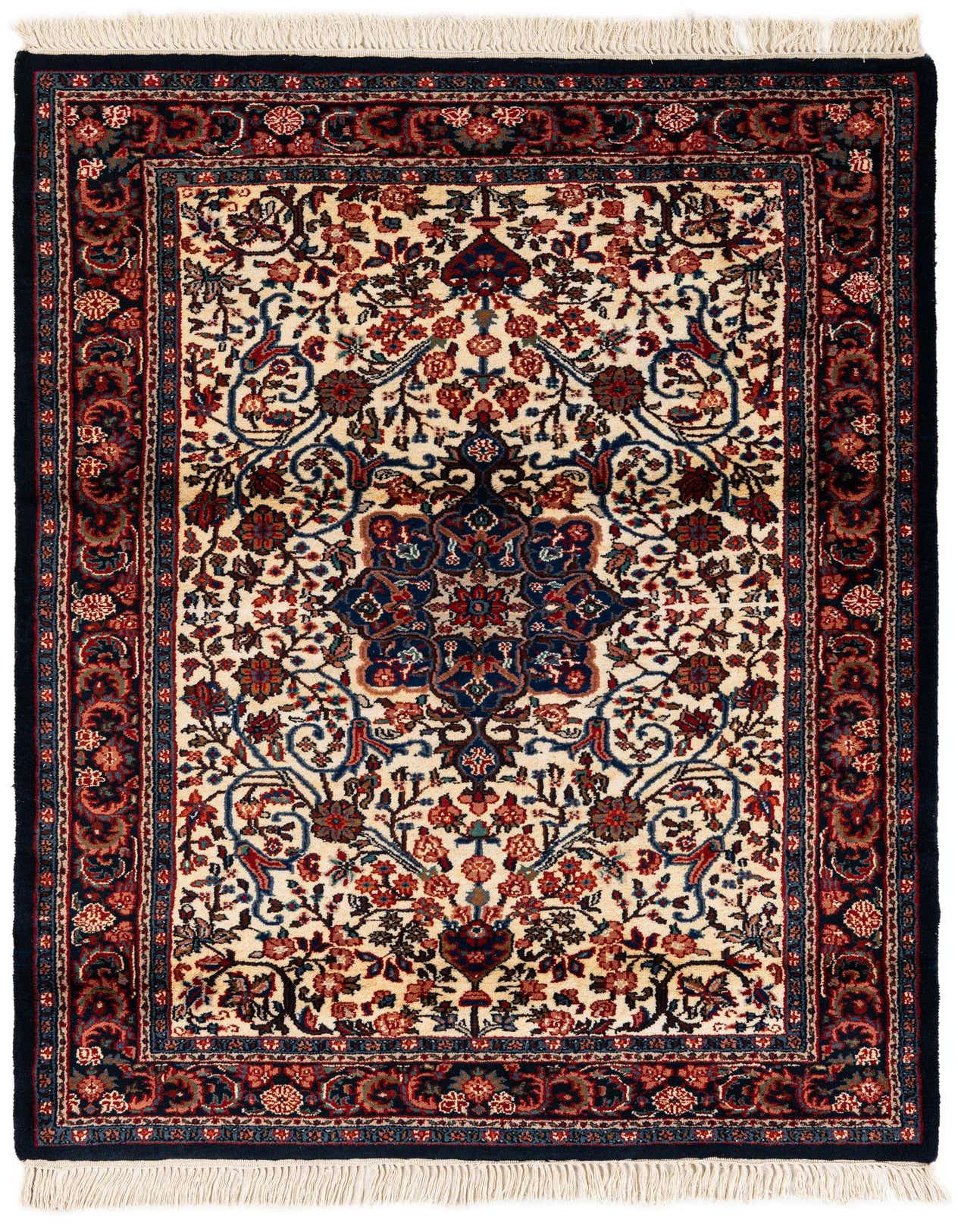 A 4x6 rectangular ivory Persian rug with a detailed floral trellis pattern in red, blue, and cream, featuring a central medallion.