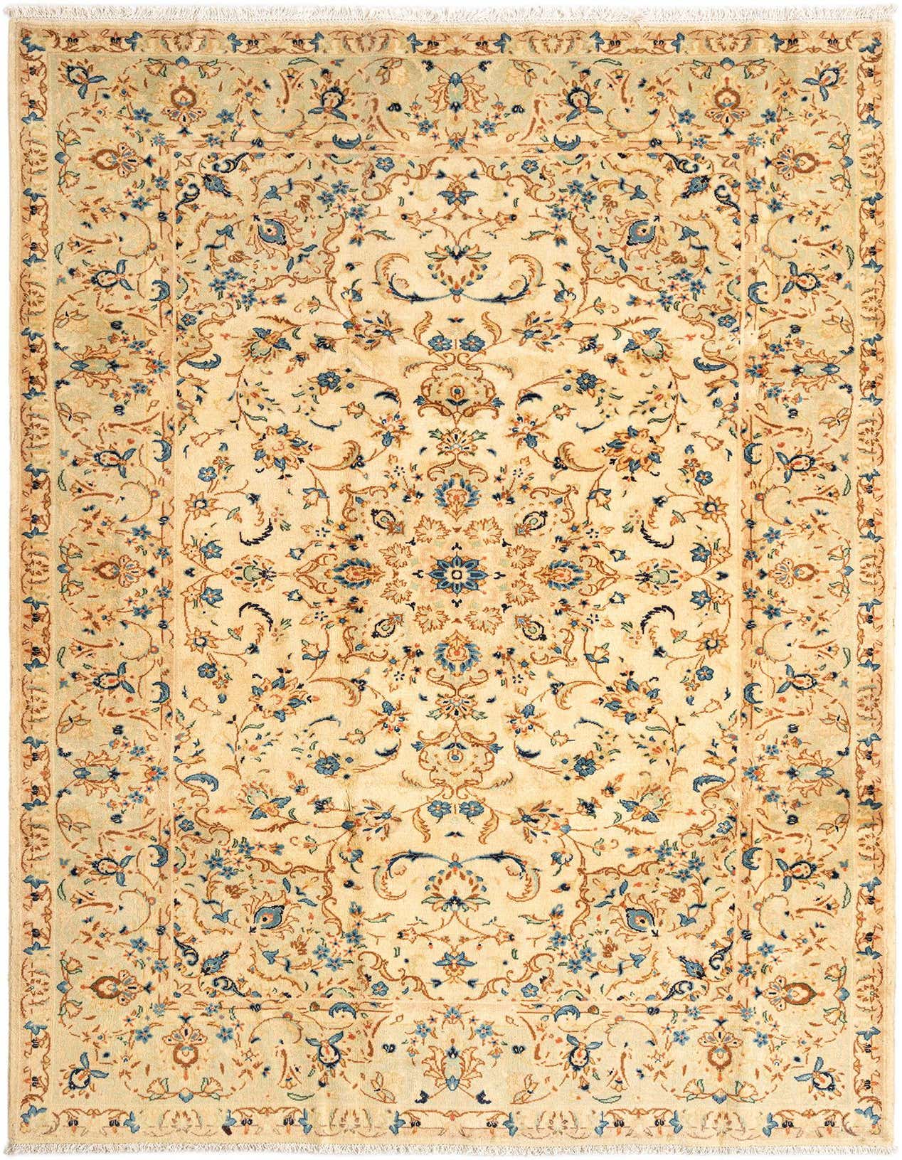 A 6x9 rectangular ivory Persian rug with intricate blue and brown floral patterns and a decorative border.