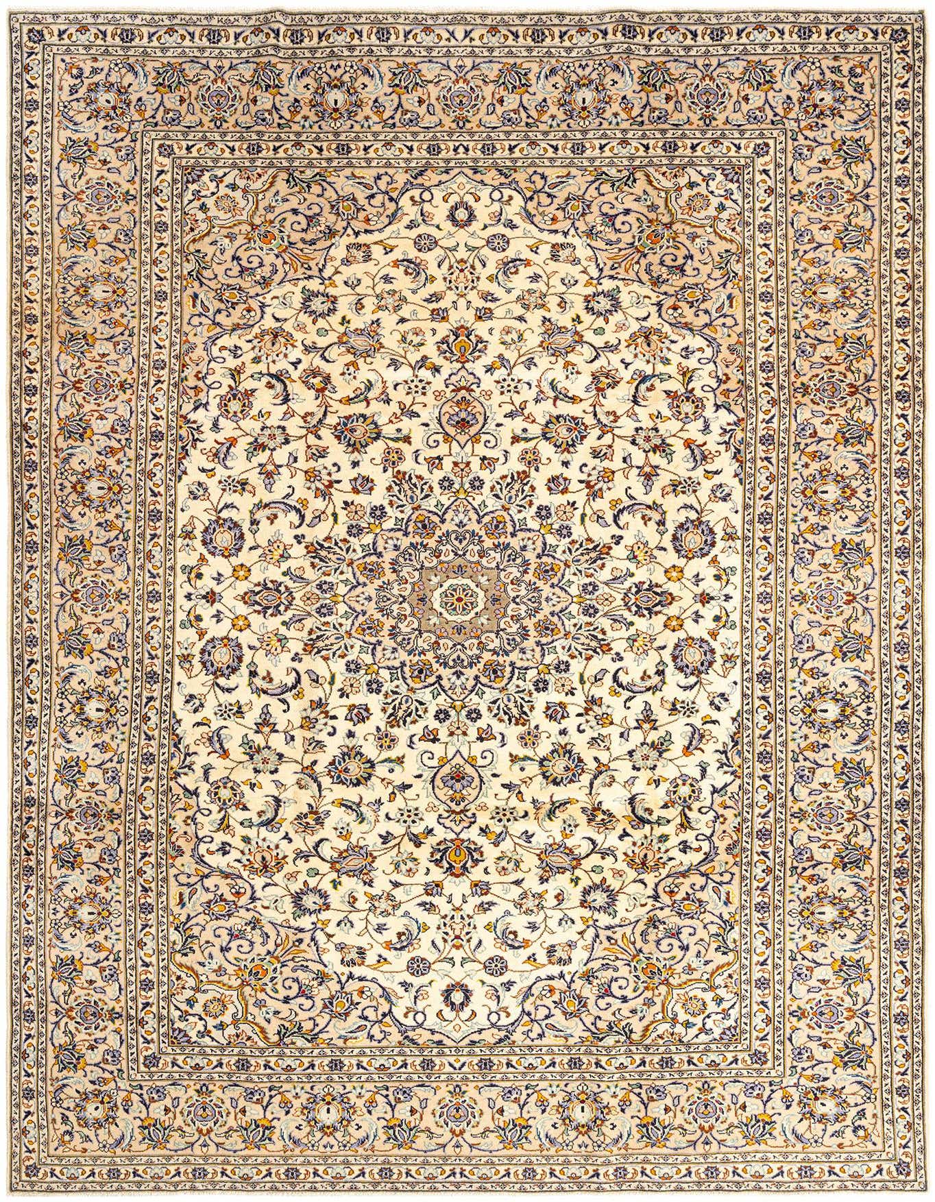 An 8x11 rectangular ivory Persian wool rug with a detailed floral medallion pattern and intricate border.