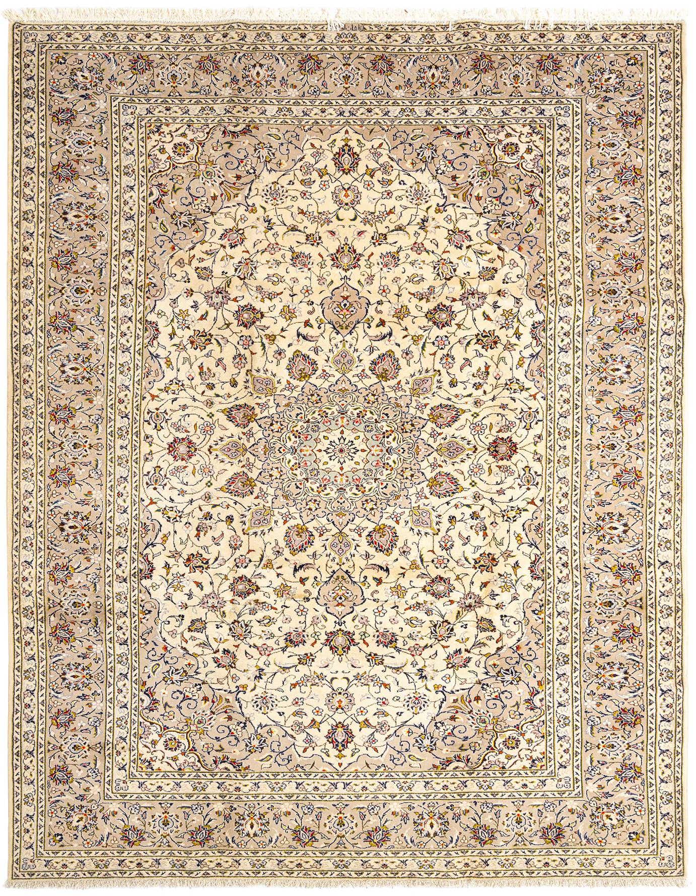 An 8x11 rectangular ivory Persian wool rug with a detailed floral medallion pattern and ornate border.