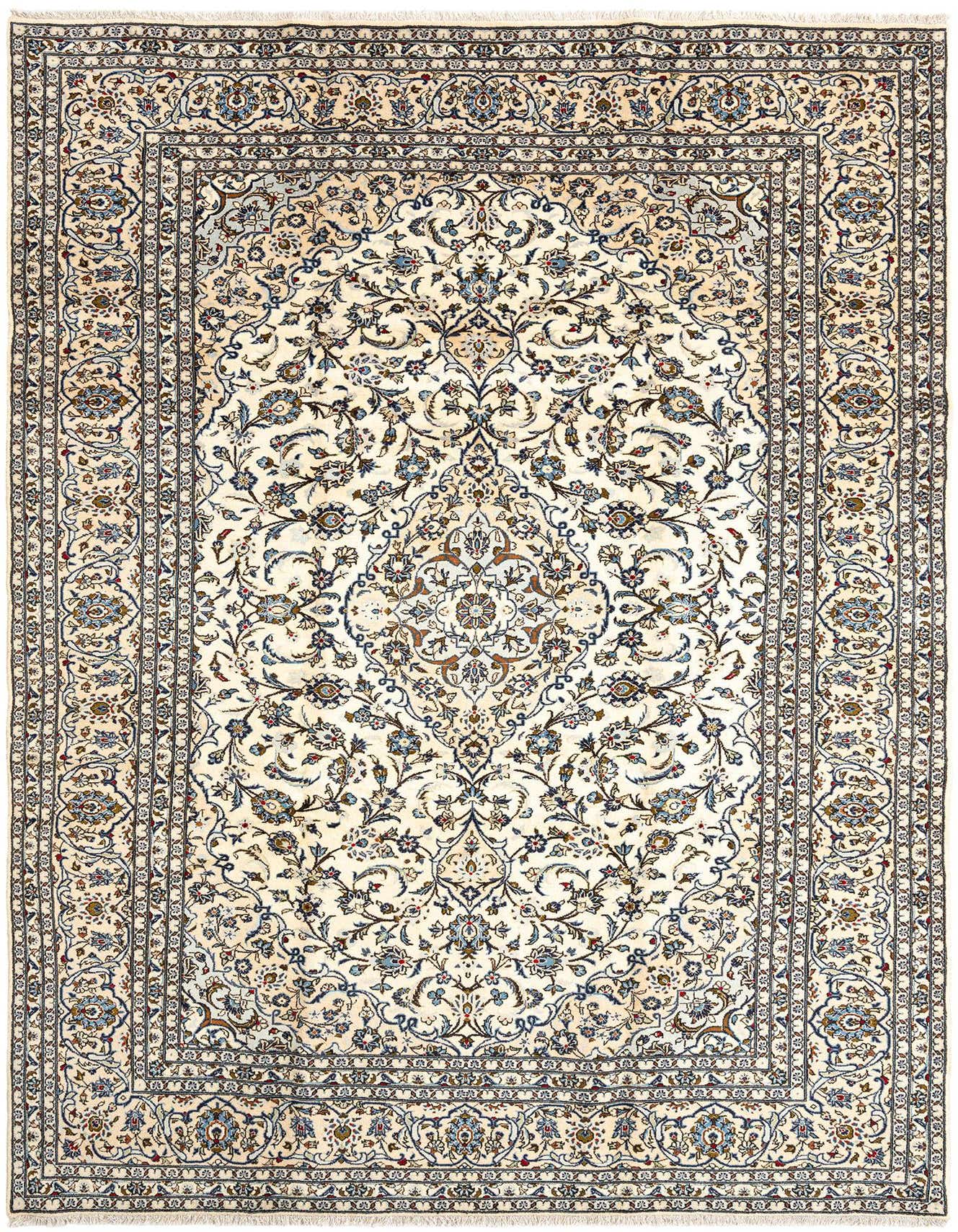 An 8x12 rectangular ivory Persian rug with a detailed floral medallion pattern and intricate border, handmade from wool.
