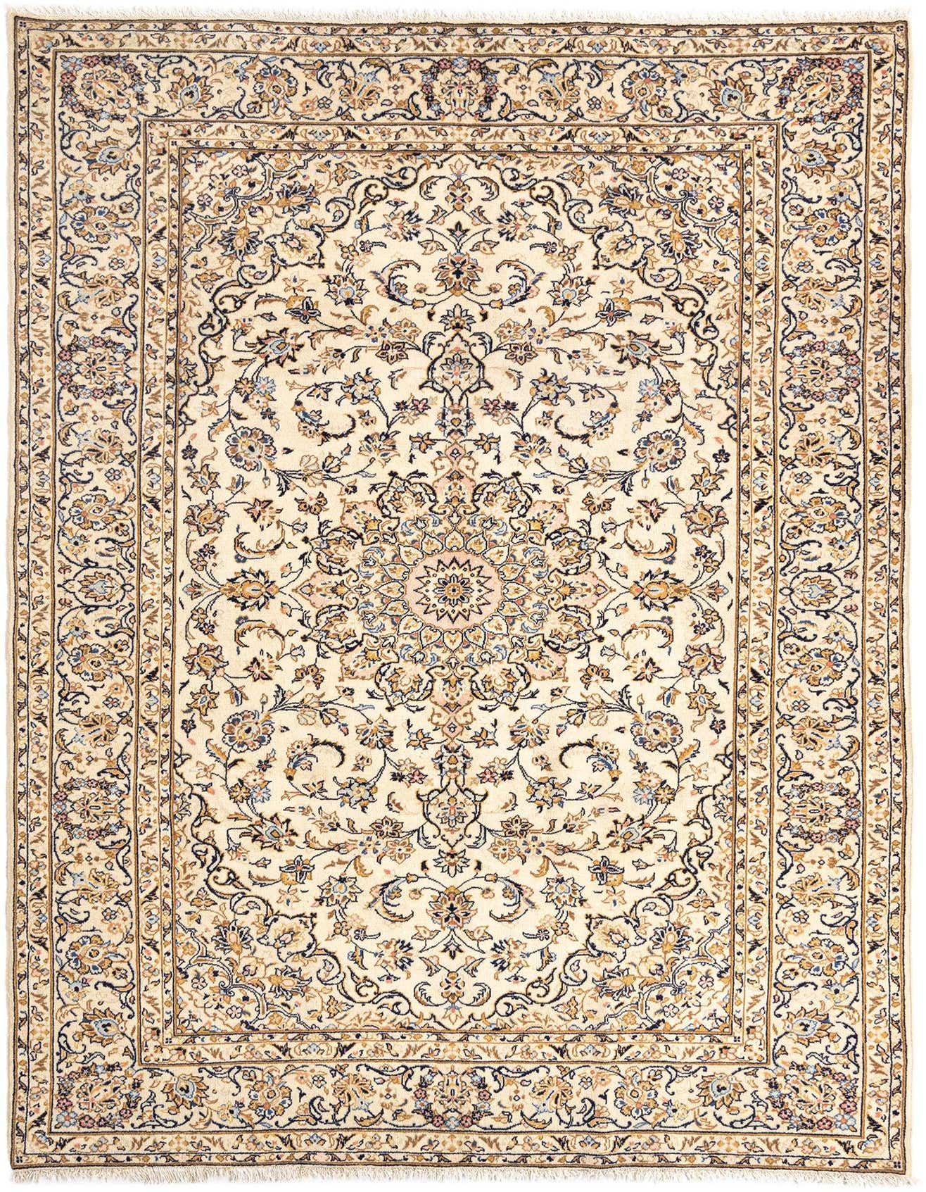 A 6x9 rectangular Kashan Persian rug in ivory and cream with intricate floral patterns and a central medallion.