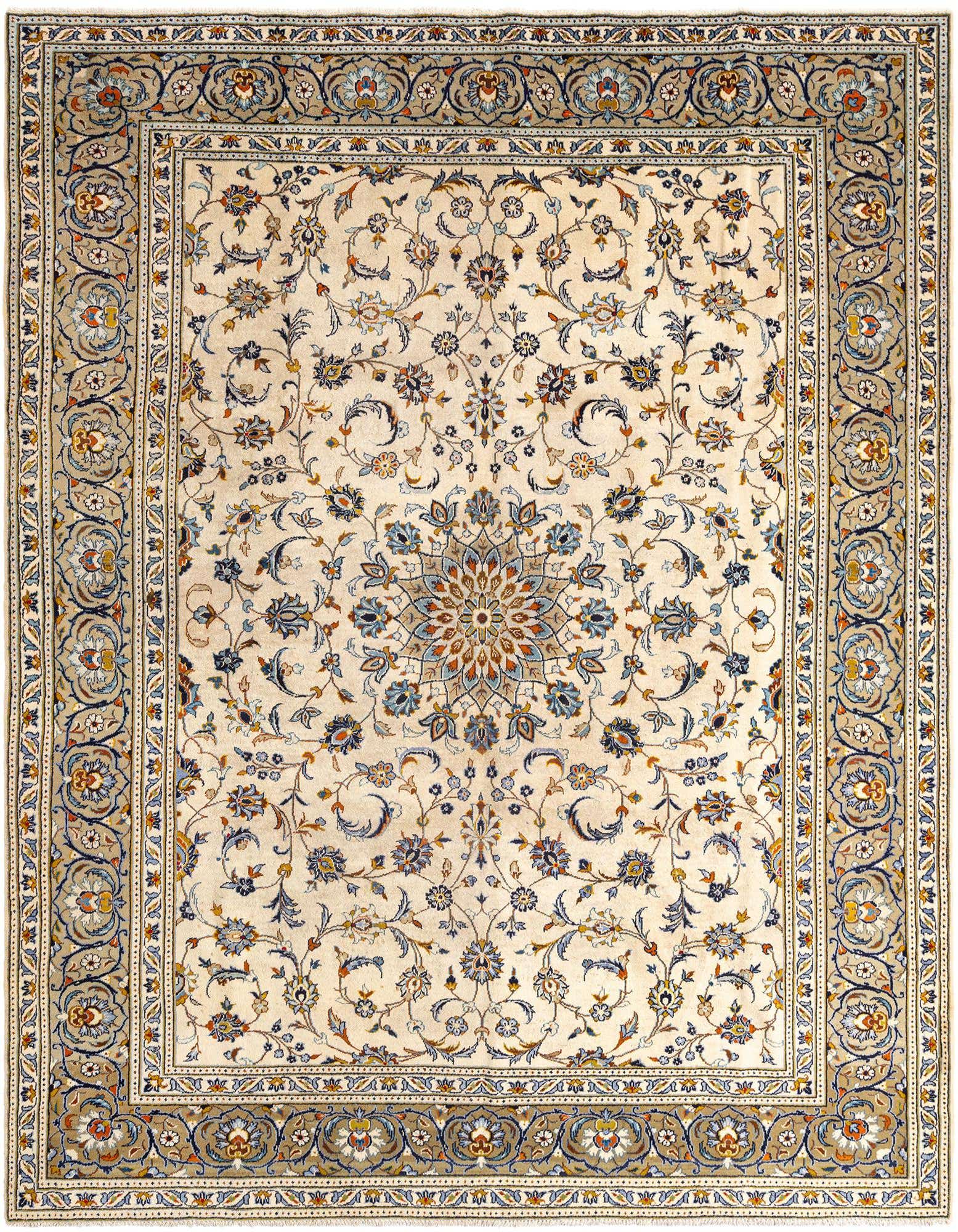 A 9x12 rectangular ivory Persian wool rug with a central medallion and intricate floral patterns.