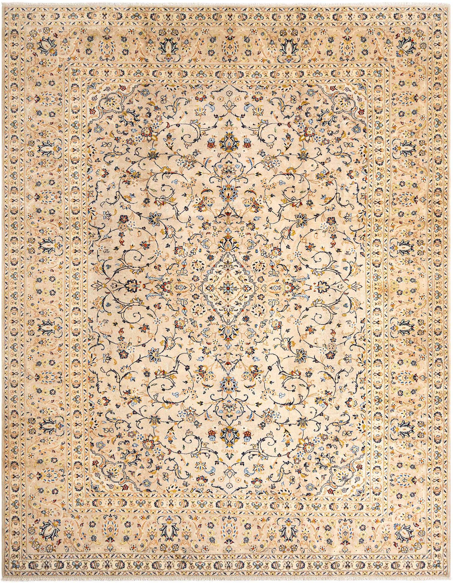 A 10x13 rectangular ivory Persian rug with intricate floral patterns in blue, gold, and red, suitable for a living room.
