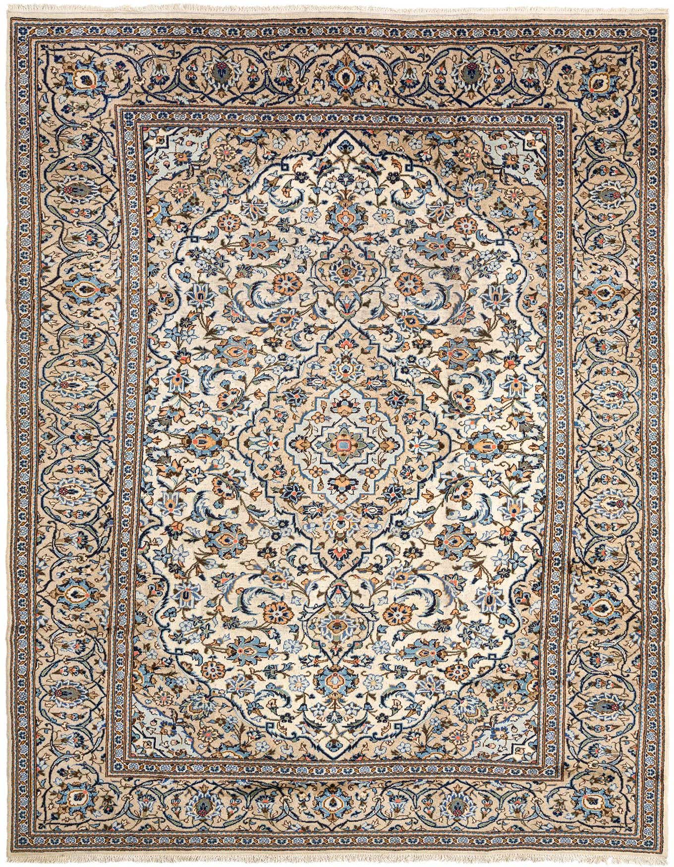 An 8x11 rectangular ivory Persian rug with a detailed floral medallion pattern and a wide border, suitable for a living room.