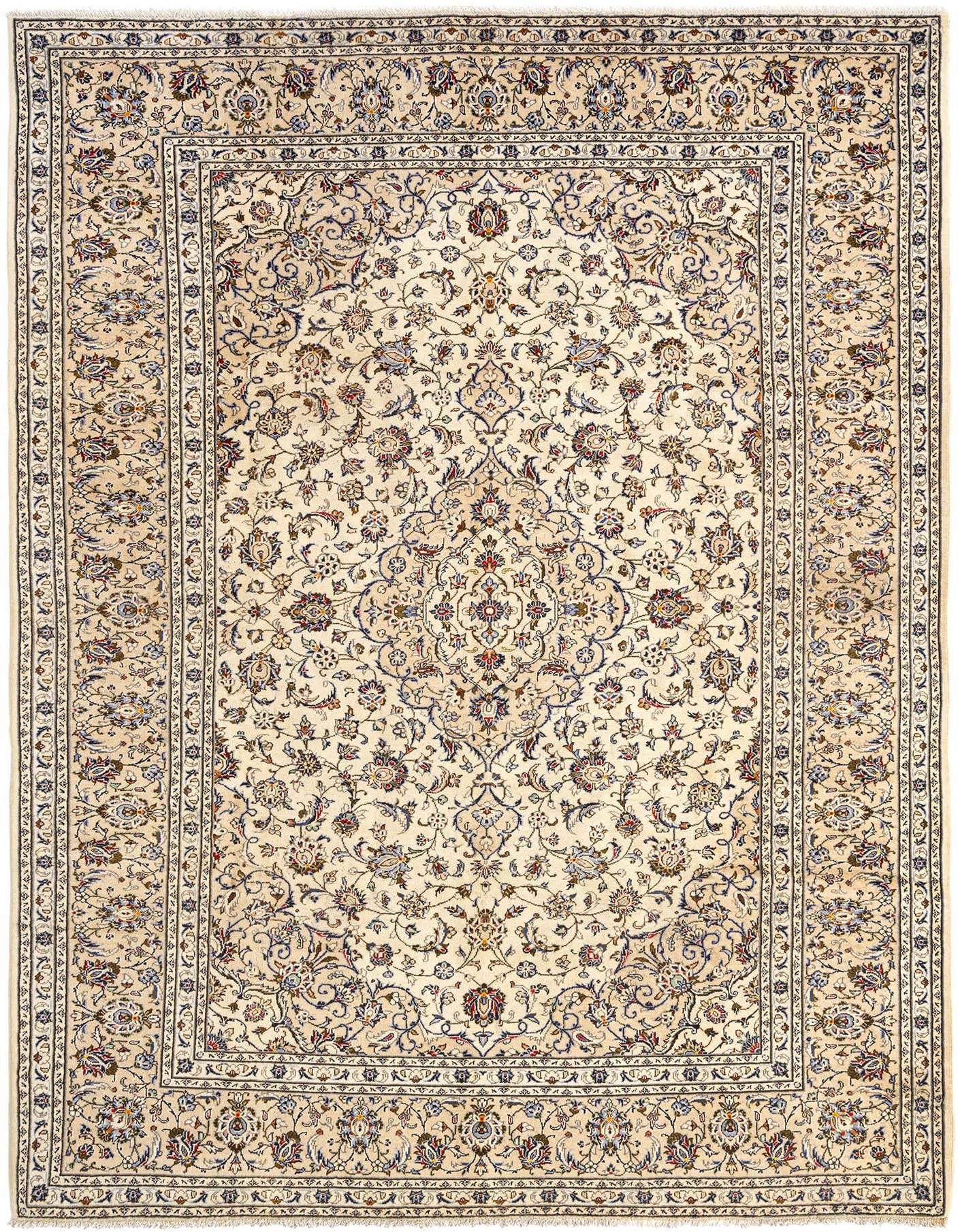 An 8x11 rectangular ivory Persian rug with a detailed floral medallion pattern and a complementary border, suitable for a living room.