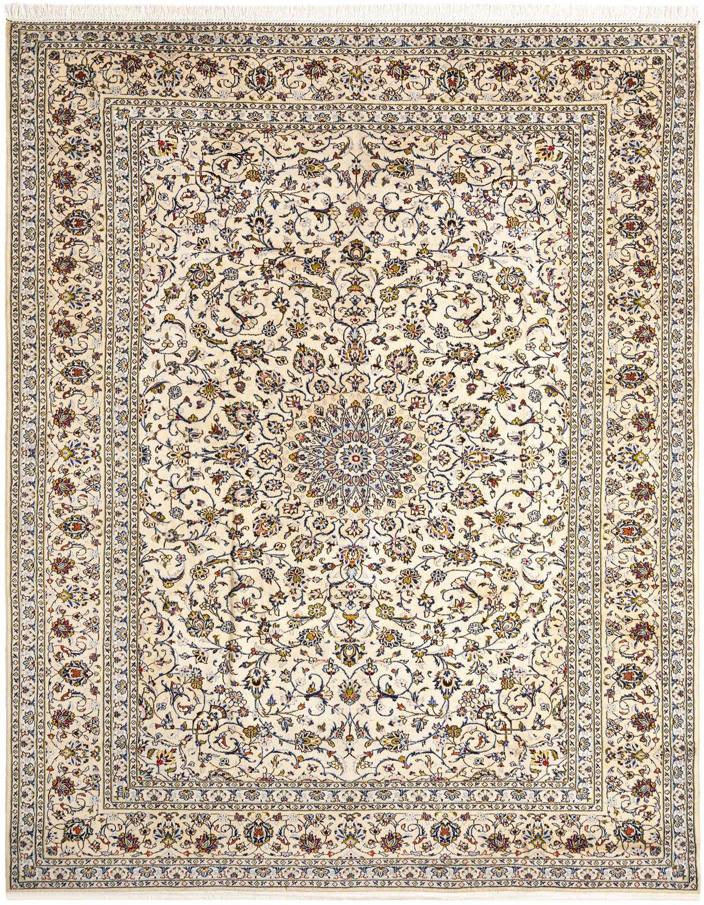 A 9x12 rectangular Kashan Persian rug in ivory and cream, featuring intricate floral patterns and a central medallion.