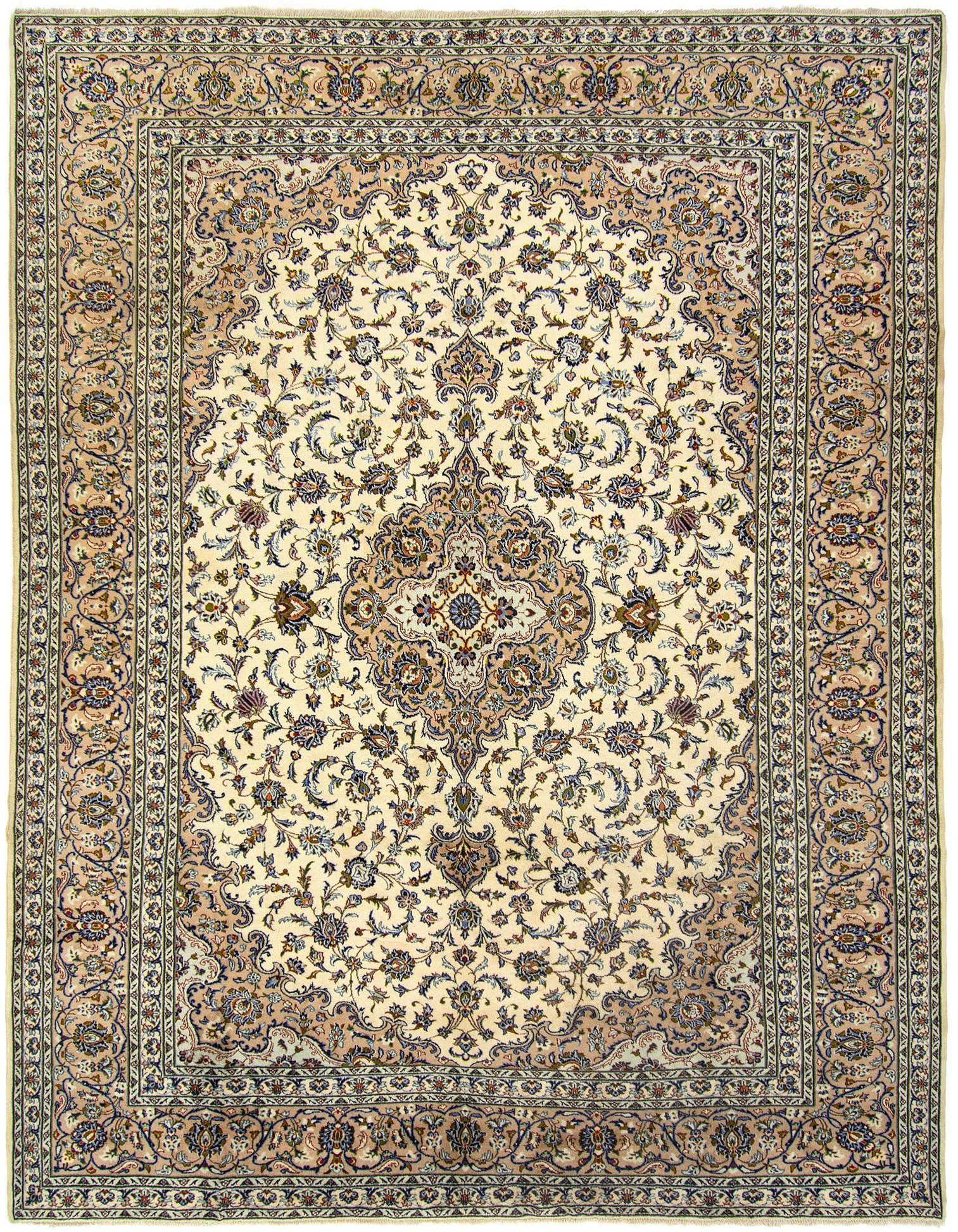 A 10x13 rectangular ivory Persian rug with intricate floral and medallion patterns, ideal for a living room.