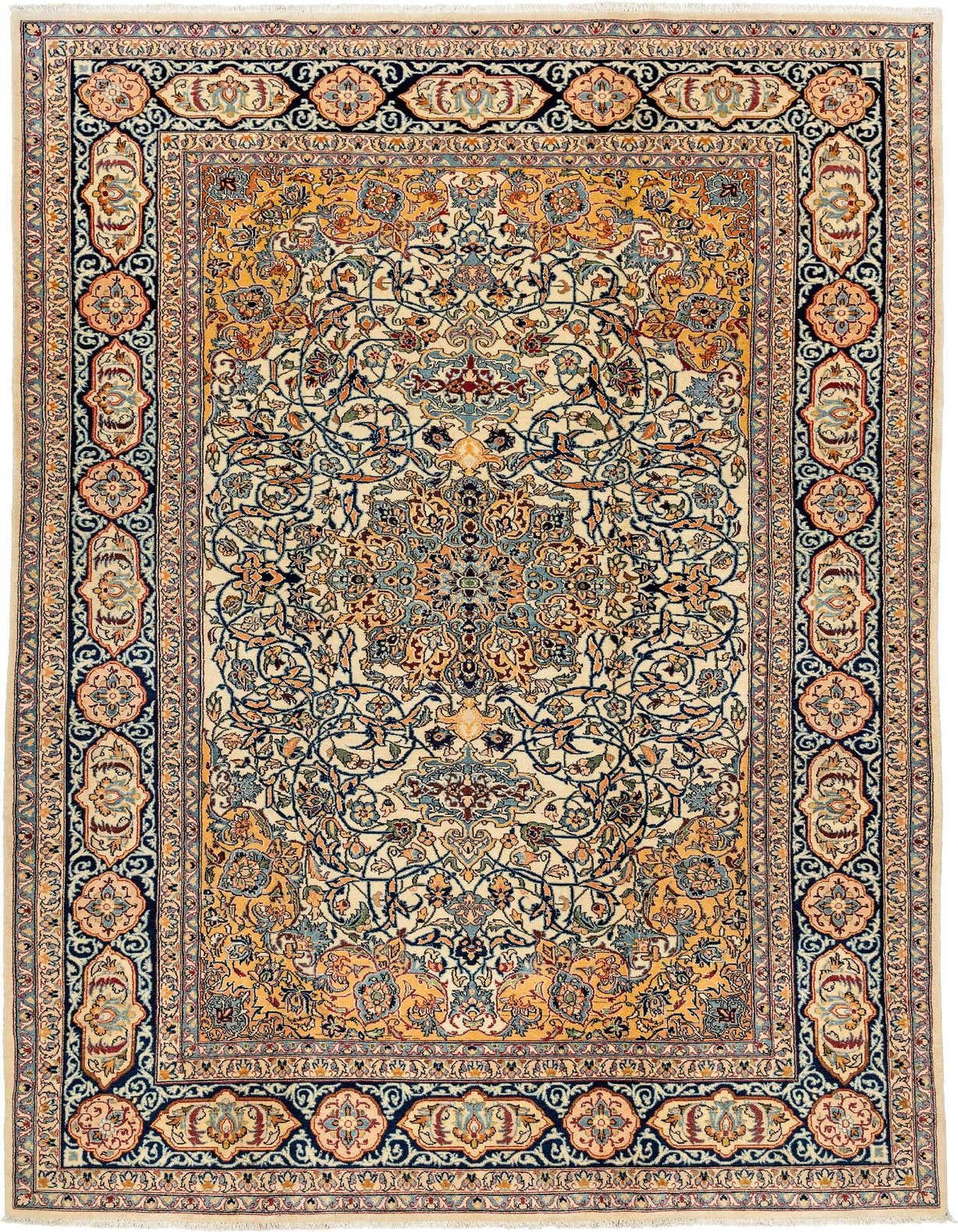 A 6x9 rectangular ivory area rug with an intricate traditional floral medallion pattern and a dark blue border.