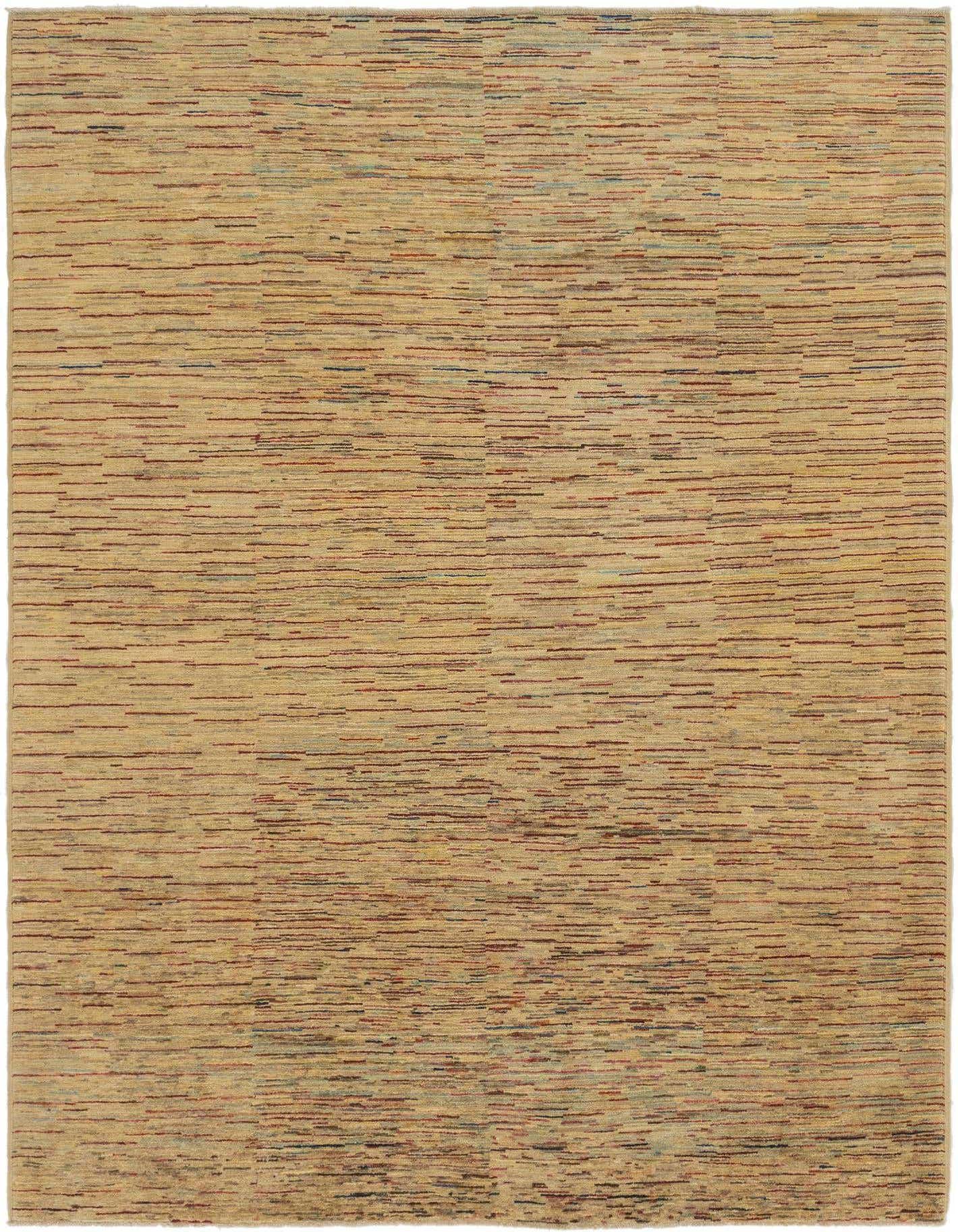 A 6x9 rectangular Rugs.com Kashkuli Gabbeh rug featuring a modern pattern of horizontal ivory and cream stripes with subtle red and blue accents.