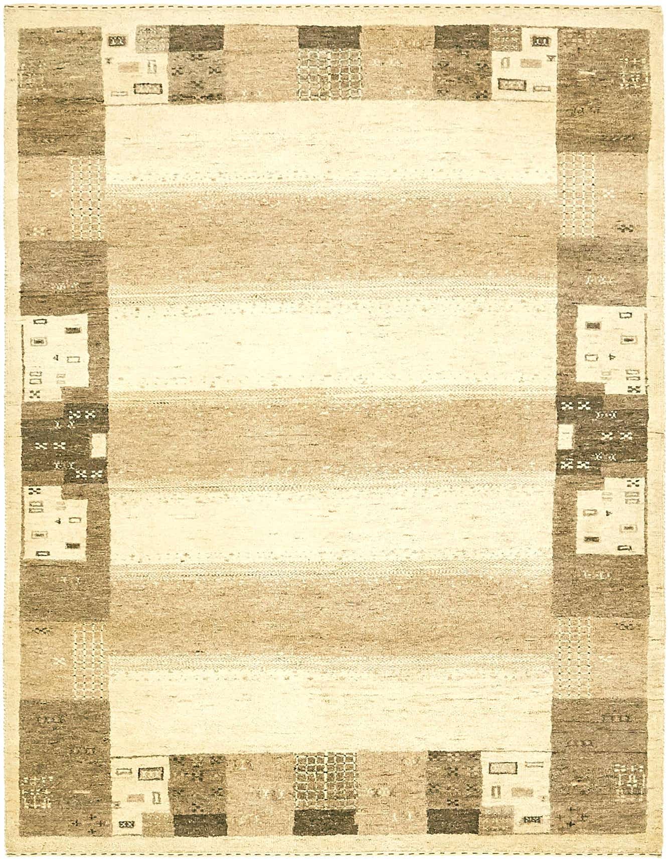 A 4x6 rectangular Kashkuli Gabbeh rug in ivories and creams, featuring a striped center and a patterned border.