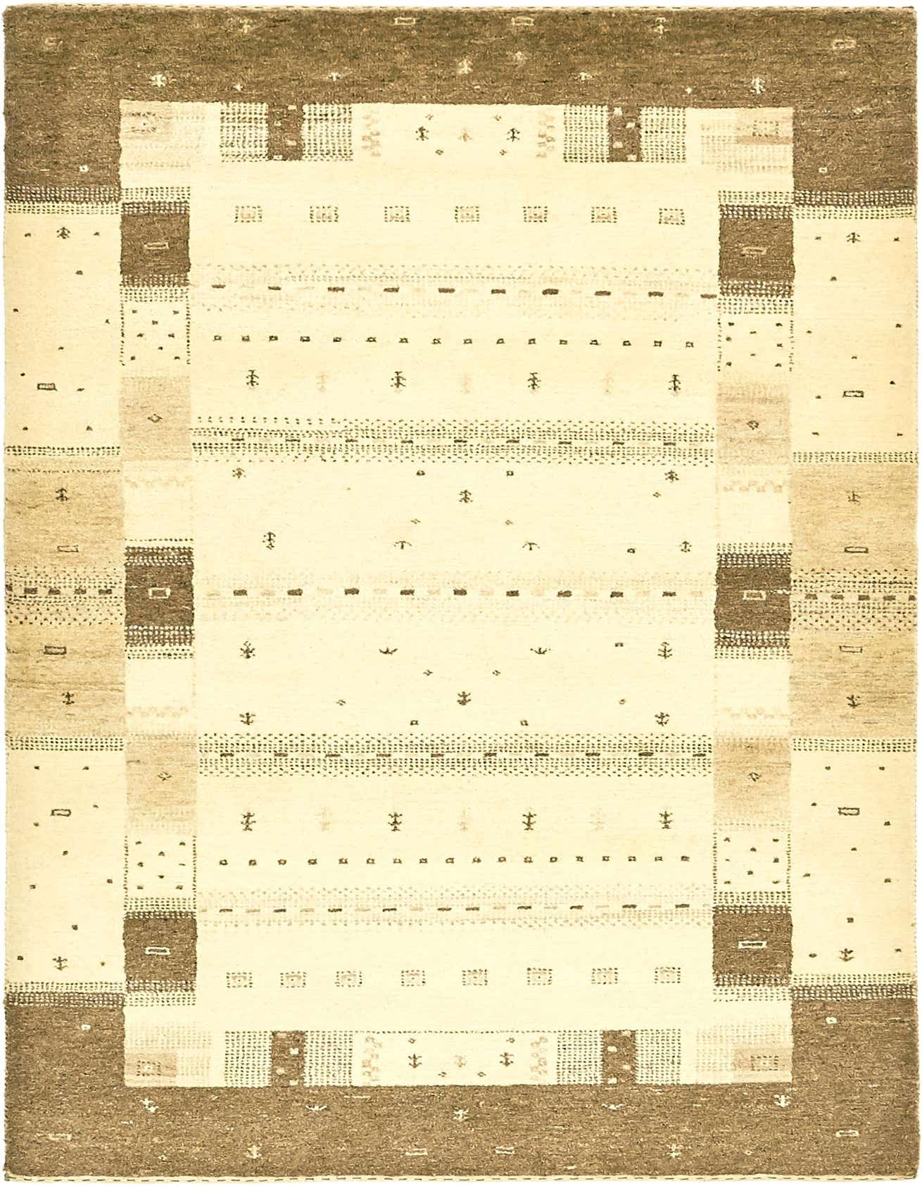A 4x6 rectangular ivory wool rug with a tribal border and scattered geometric motifs.