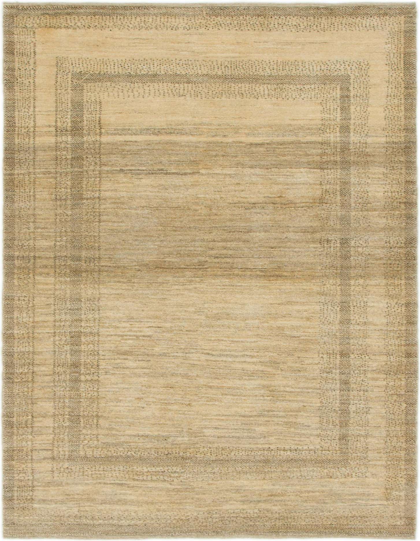 A 4x6 rectangular ivory wool rug with a subtle striped border, suitable for a modern or vintage living room.