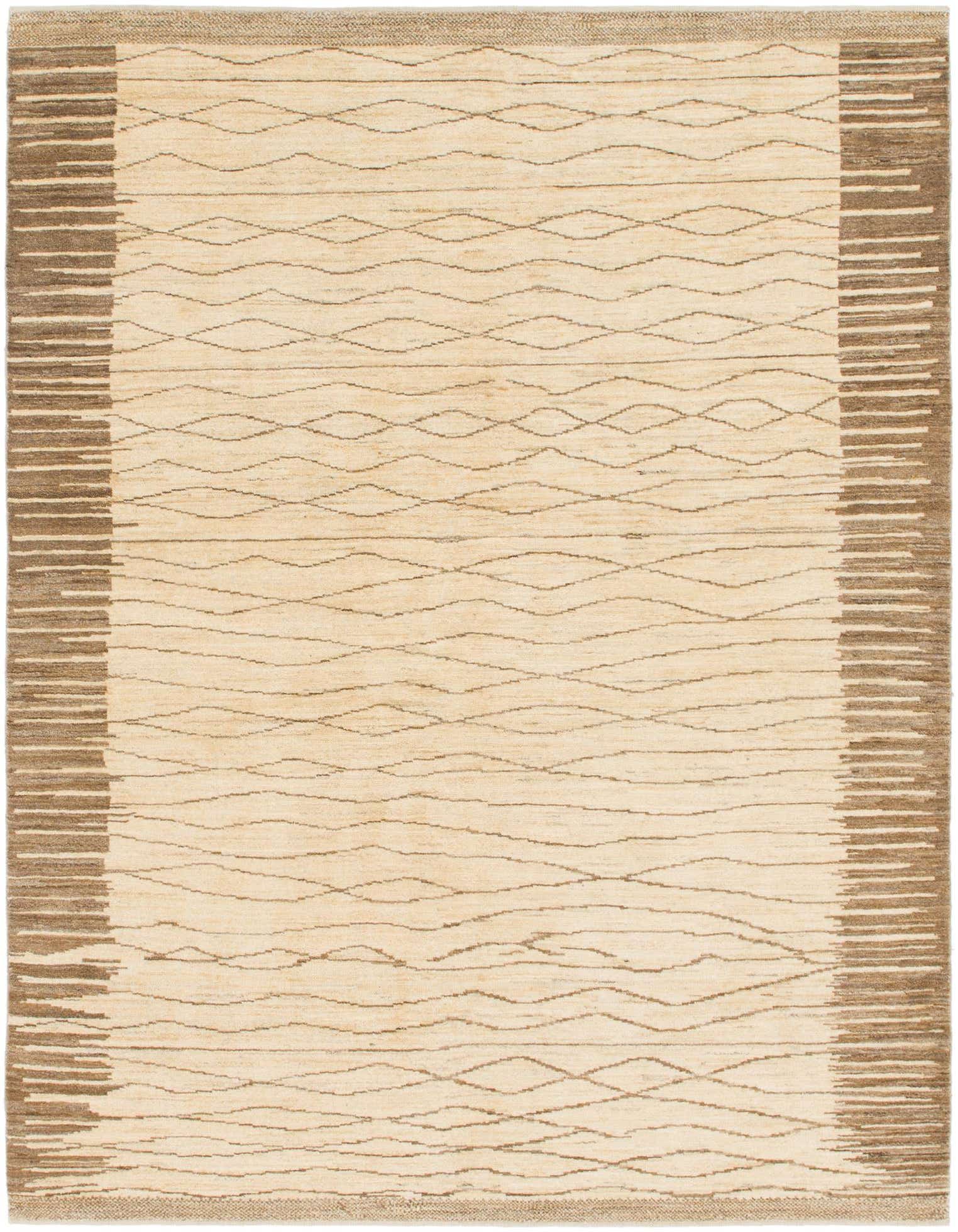A 6x9 rectangular ivory wool rug with a subtle tribal pattern of wavy lines and a striped brown border.