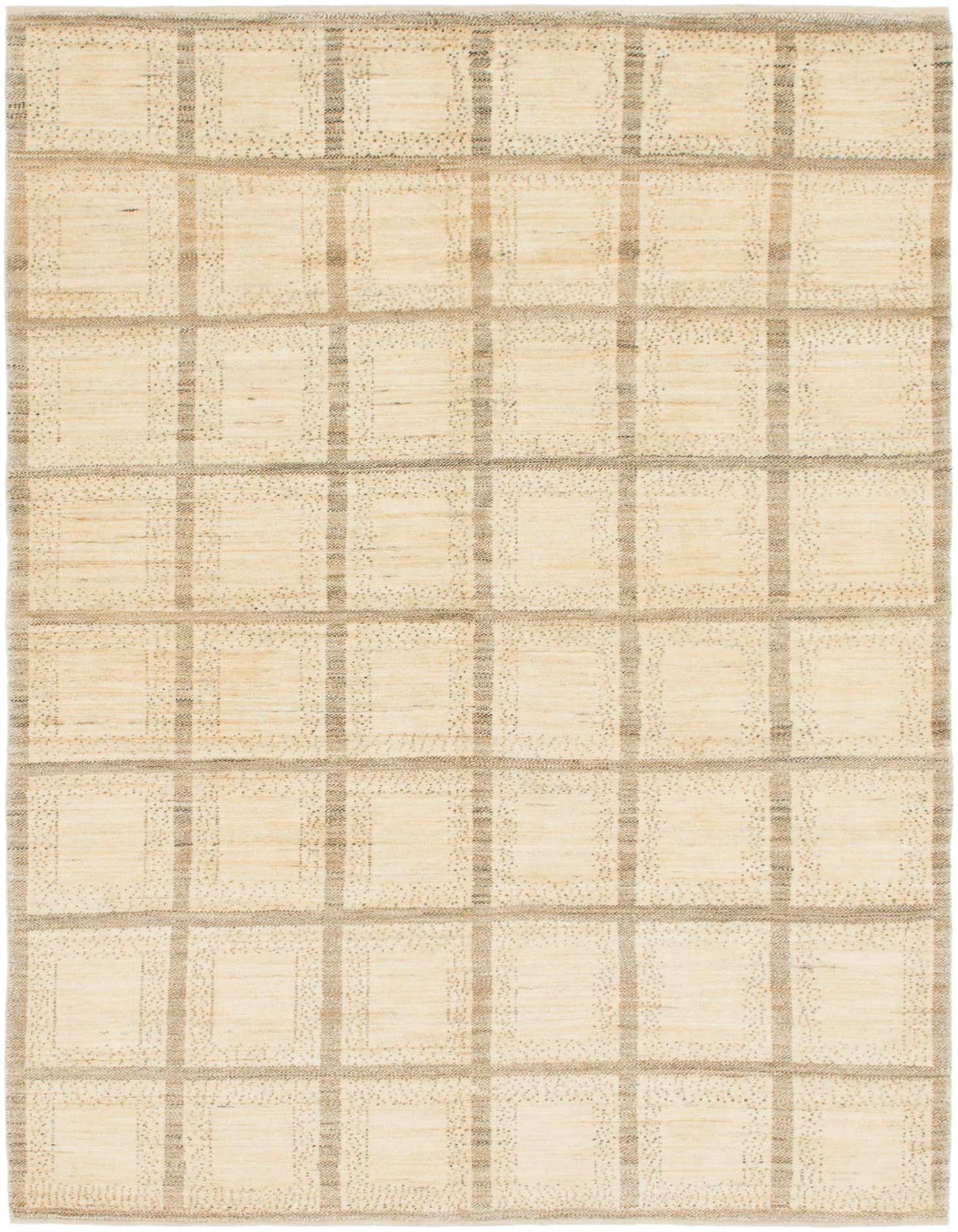 A 6x9 rectangular ivory wool rug with a modern grid pattern, featuring textured cream squares outlined by subtle beige lines.