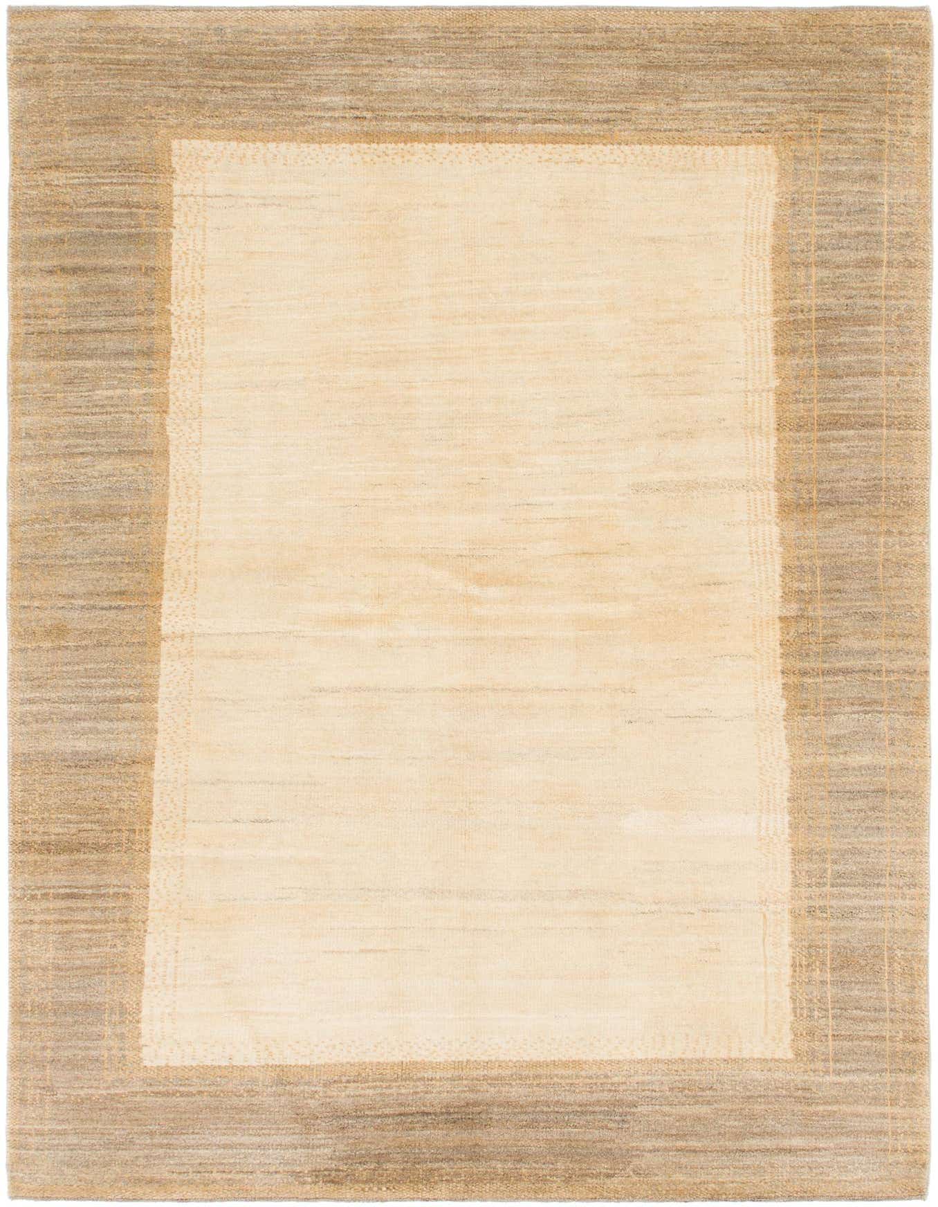 A 6x9 rectangular ivory and cream wool rug with a subtle modern border pattern, suitable for a living room.