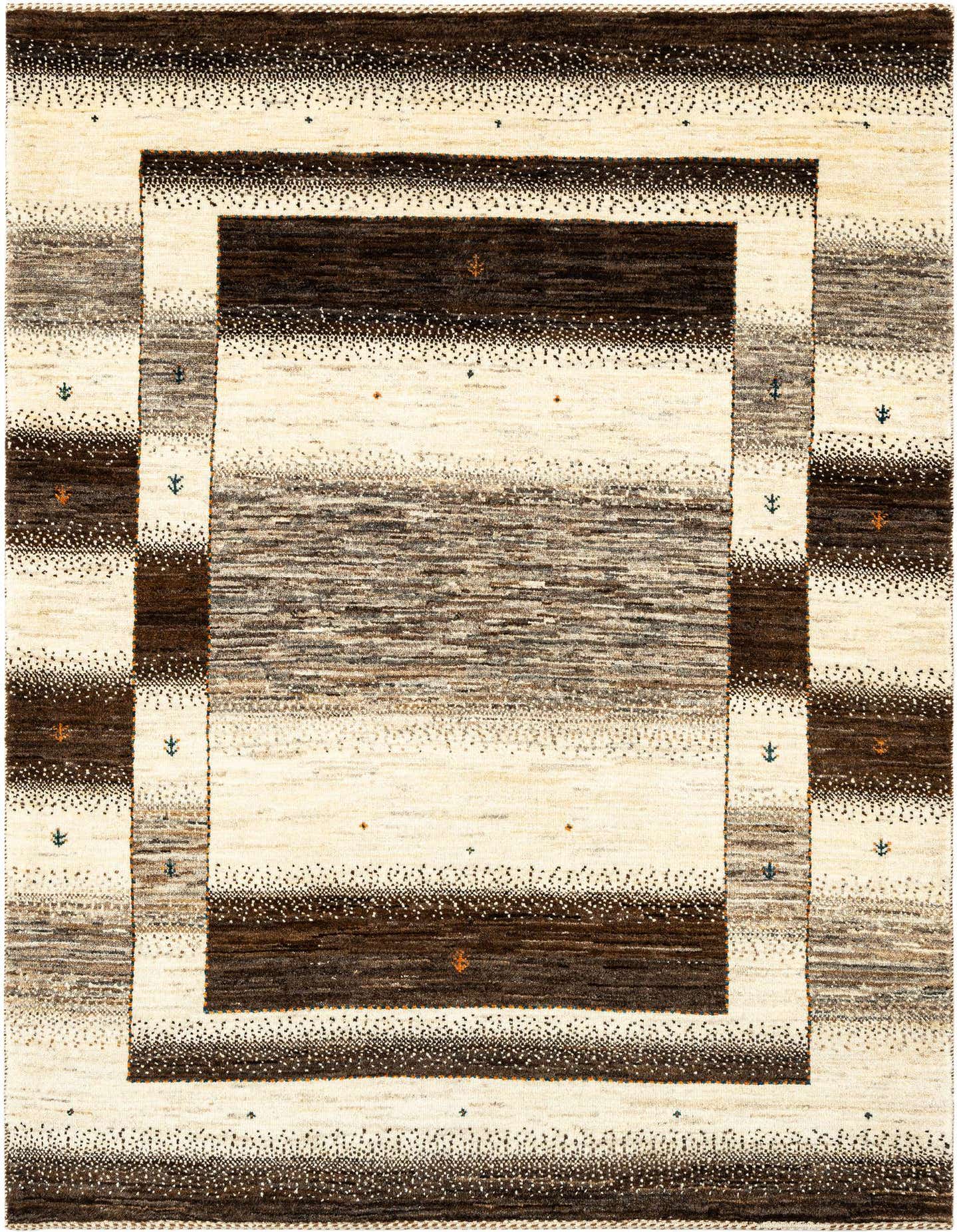 Handmade rectangular Persian rug in ivory and brown, featuring a striped border and a central rectangular pattern with subtle flecks.