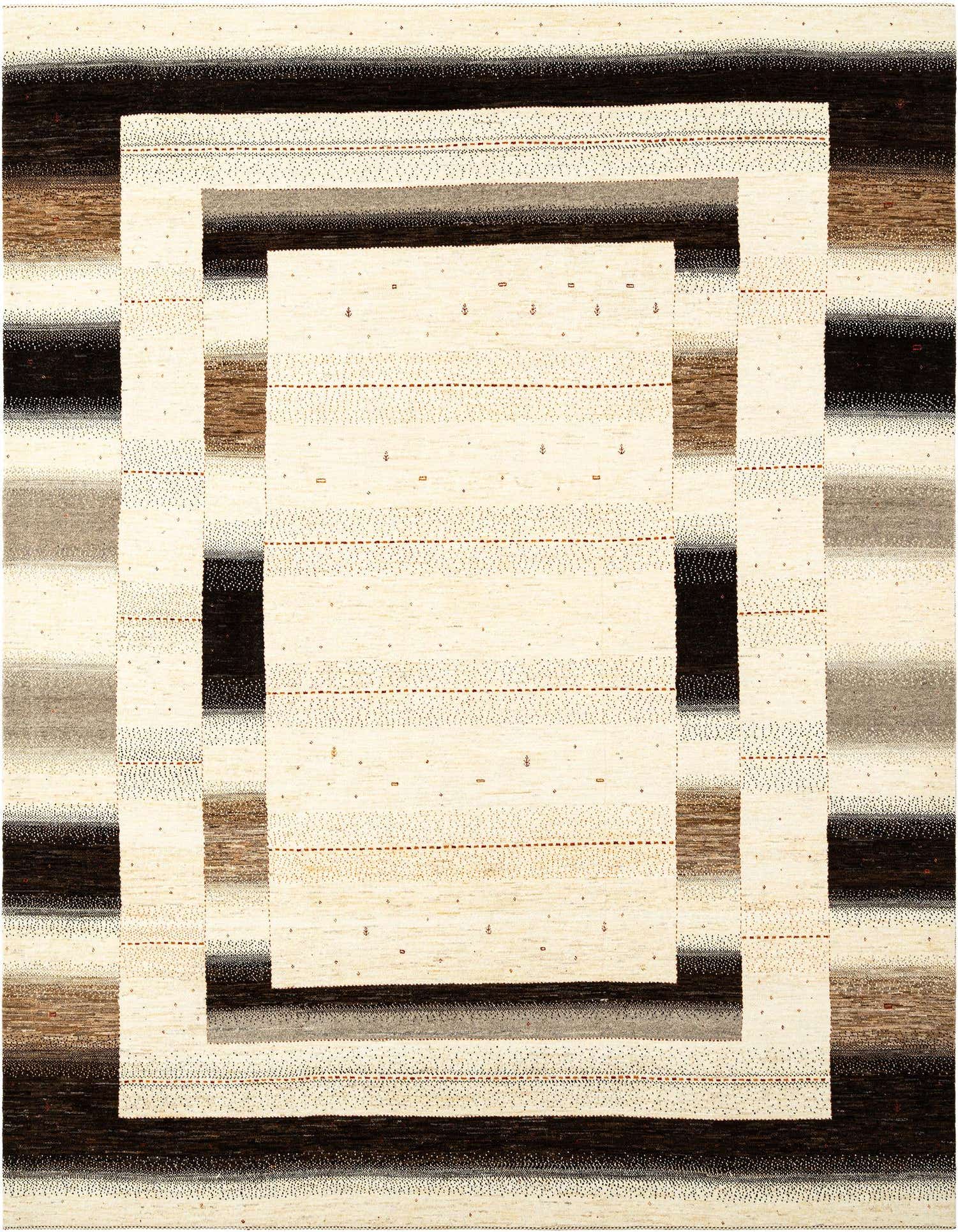 Handmade rectangular Persian rug featuring a layered geometric pattern in ivory, cream, brown, and black tones.