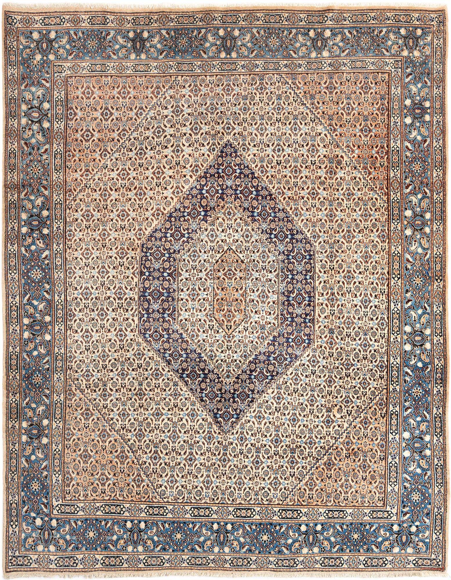 A 9x12 rectangular Kashmar Persian rug in ivory and blue, featuring intricate floral patterns and a central medallion.
