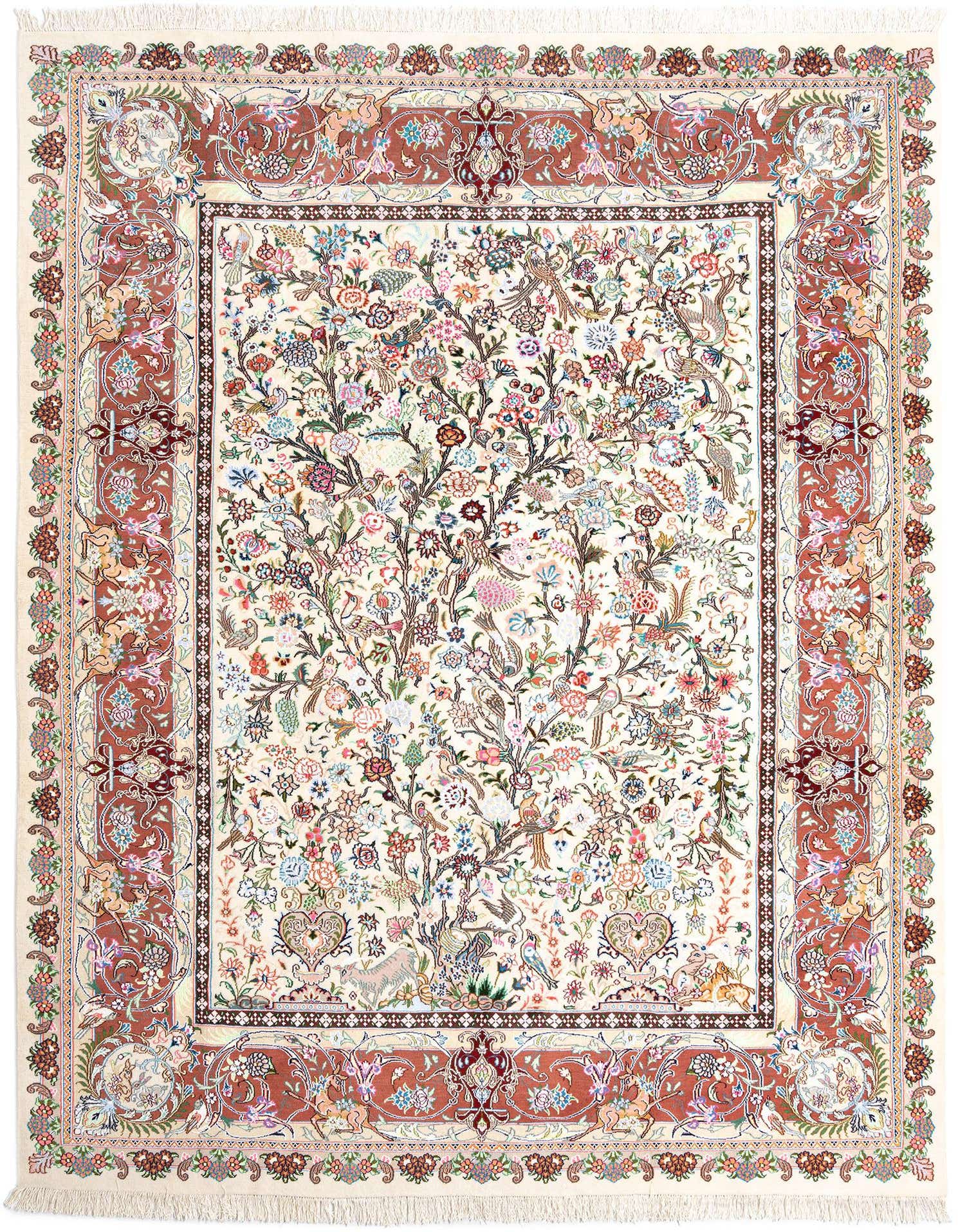 A 10x13 rectangular ivory Persian wool rug with a detailed tree-of-life pattern and a rust-colored border.