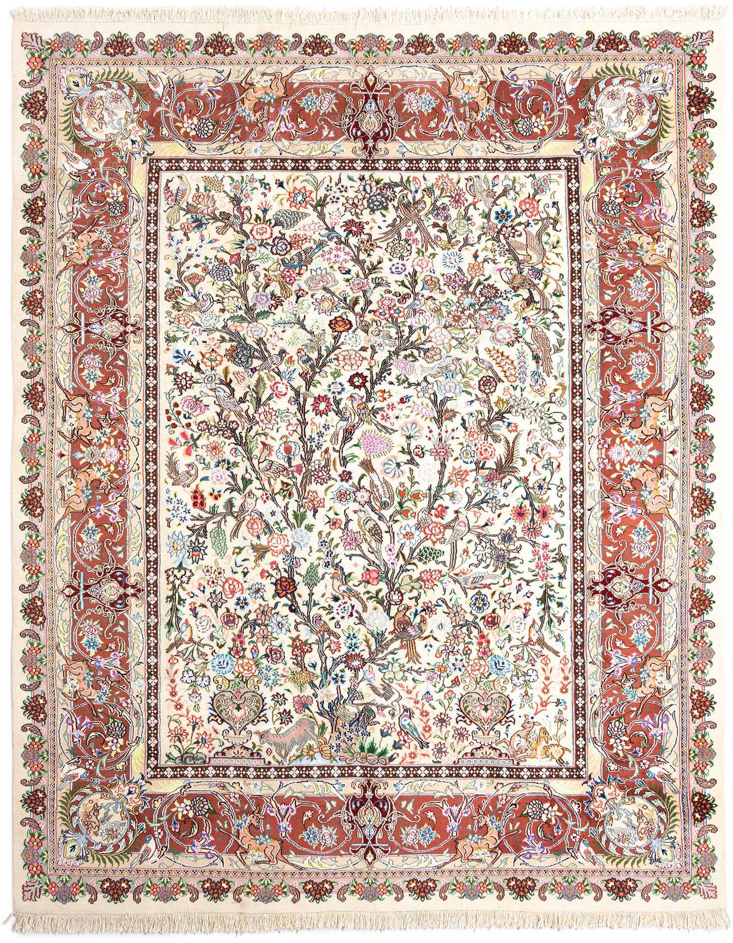 A large 10x13 rectangular Persian rug with an ivory field, intricate floral and bird patterns, and a rust-colored border.