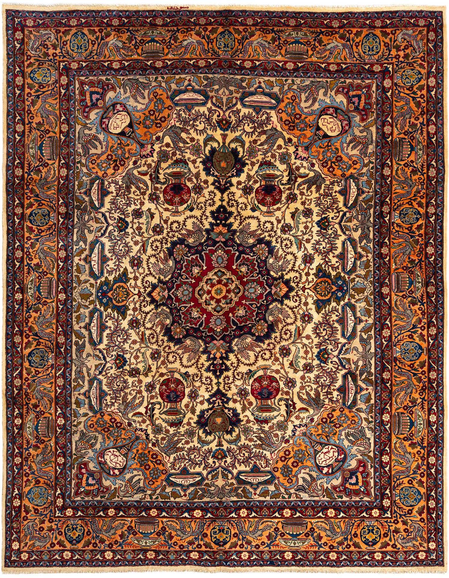 A 10x13 rectangular Persian rug featuring an intricate ivory field with a central medallion and a multi-bordered design in reds, blues, and oranges.