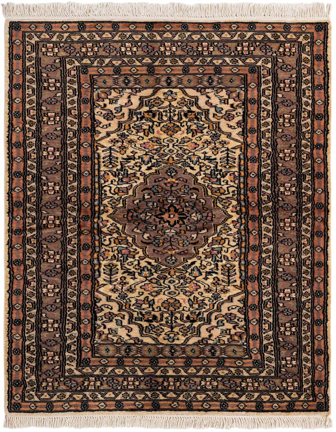 A 3x5 rectangular Kashmir rug featuring a traditional Oriental medallion pattern in ivories, creams, and muted earth tones, with fringe.
