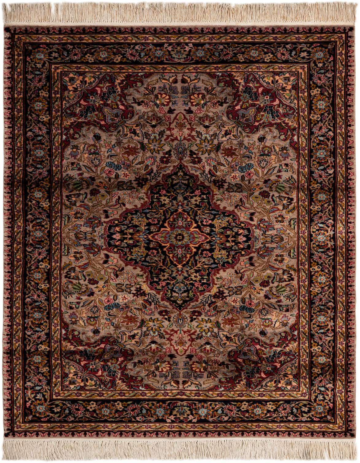 A 4x6 rectangular Kashmir rug featuring an intricate traditional medallion pattern in ivories, creams, and multi-color accents, with fringe.