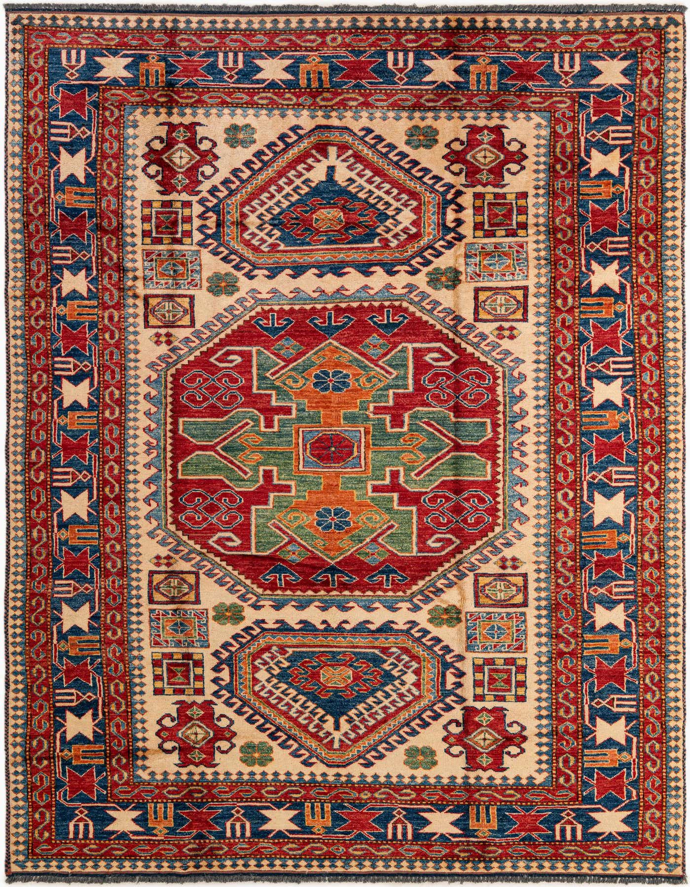 A 6x9 rectangular ivory wool rug with a vibrant red, blue, and green traditional medallion pattern.